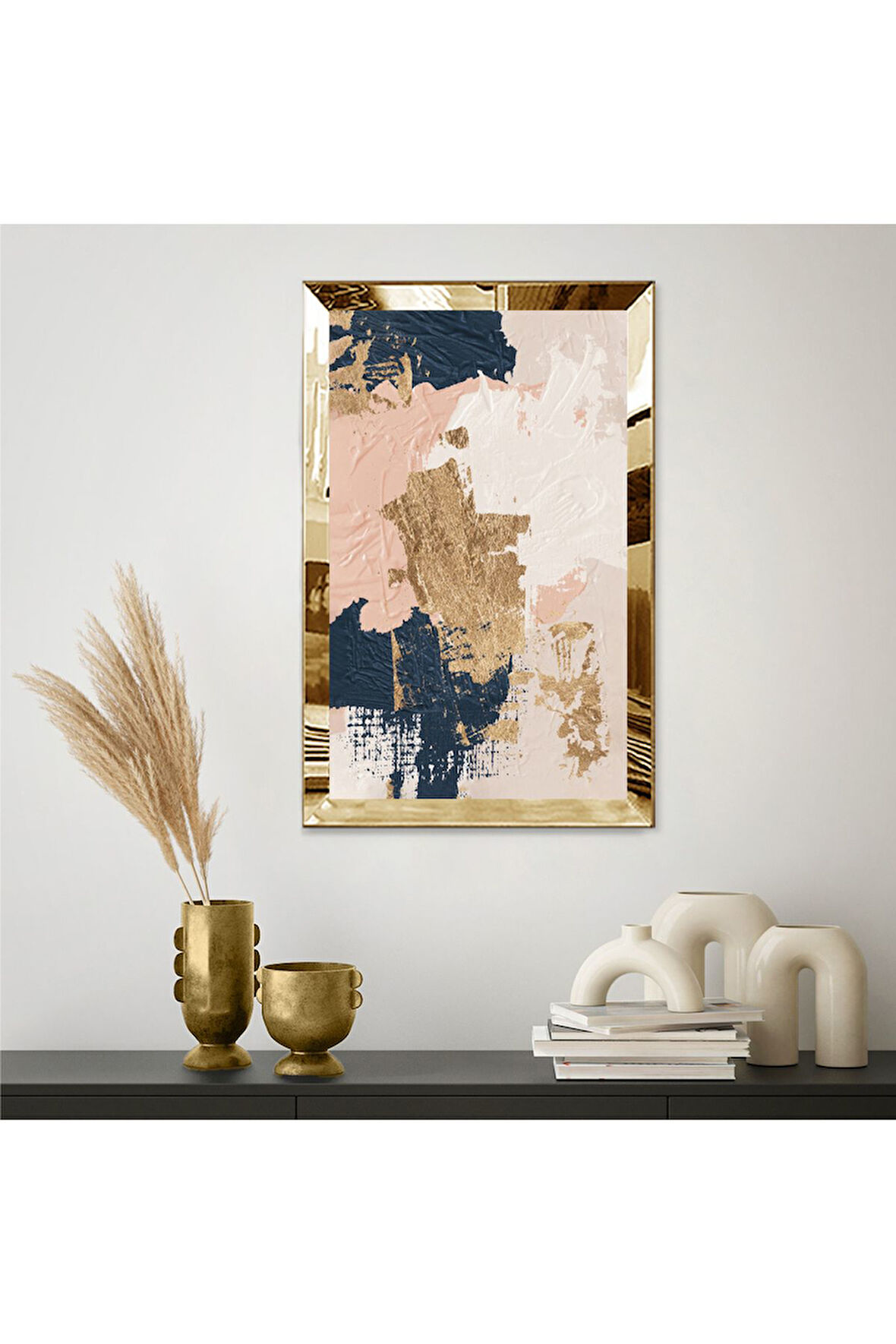 Gold  Aynalı Pleksi Çerçeveli Mavi Pembe Ve Altın Renkli Yağlı Boya Tarzında Soyut Tasarım Tablo