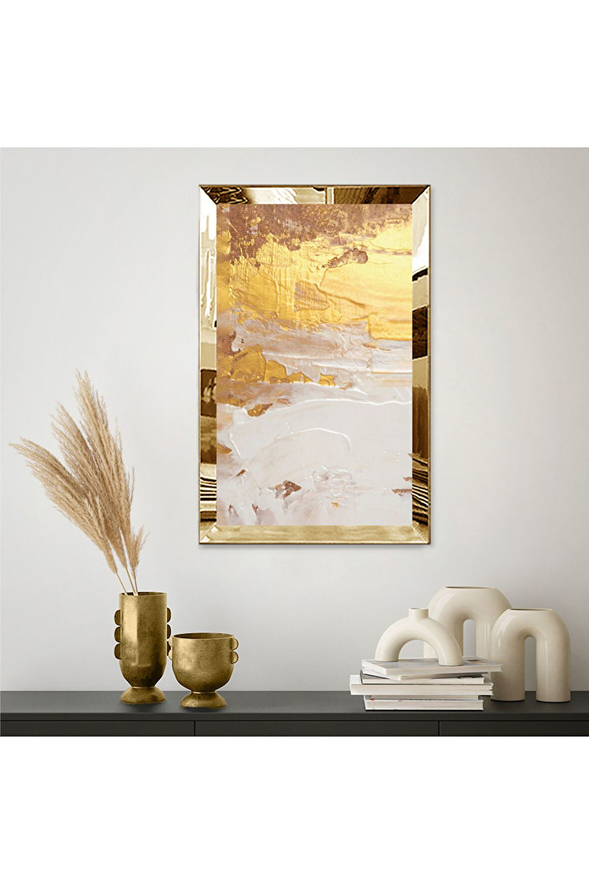 Gold  Aynalı Pleksi Çerçeveli Bej Ve Altın Renkli Yağlı Boya Sanatı Tablo