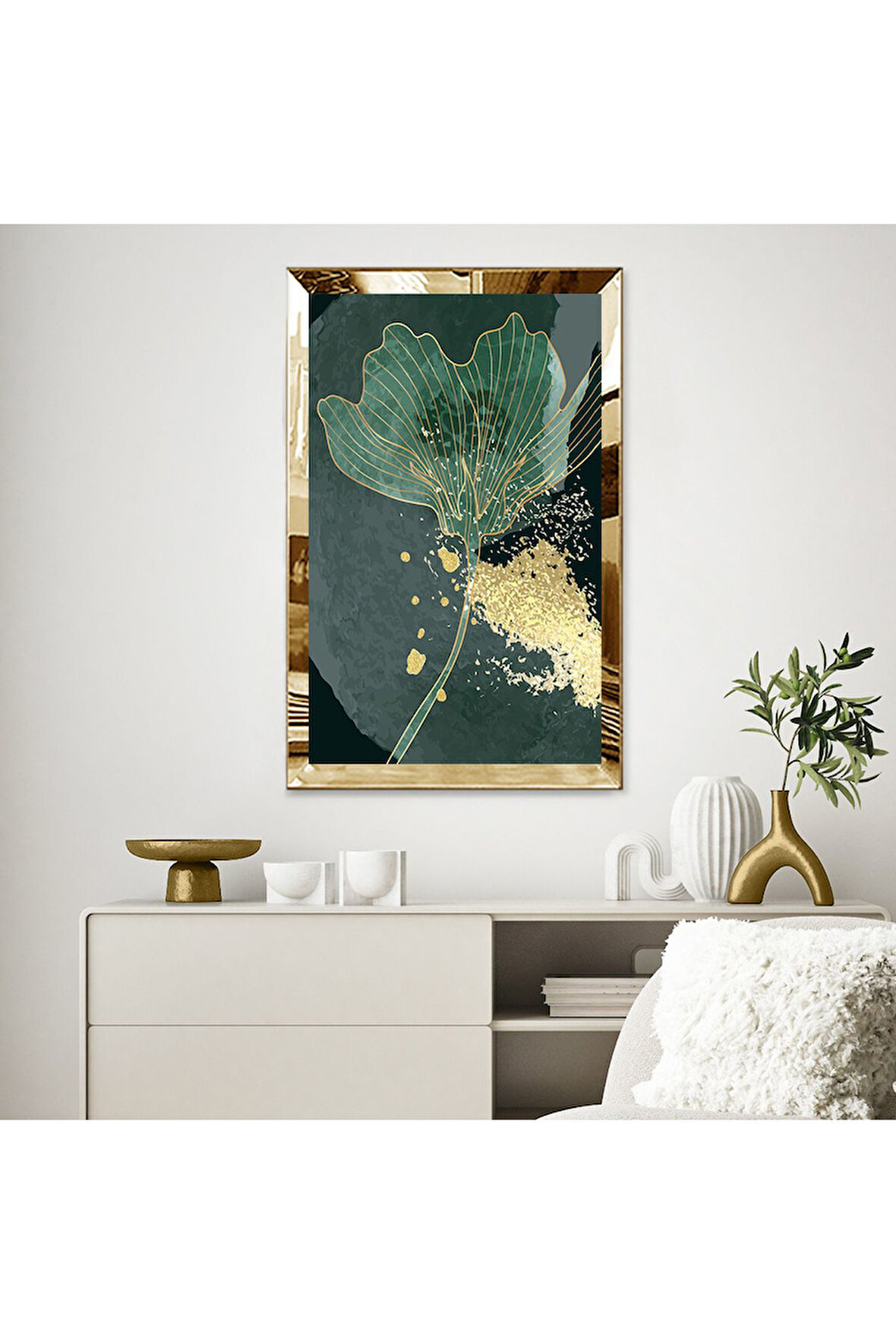 Gümüş Aynalı Pleksi Çerçeveli Altın Ve Yeşil Renkli Soyut Çiçek Mdf Tablo