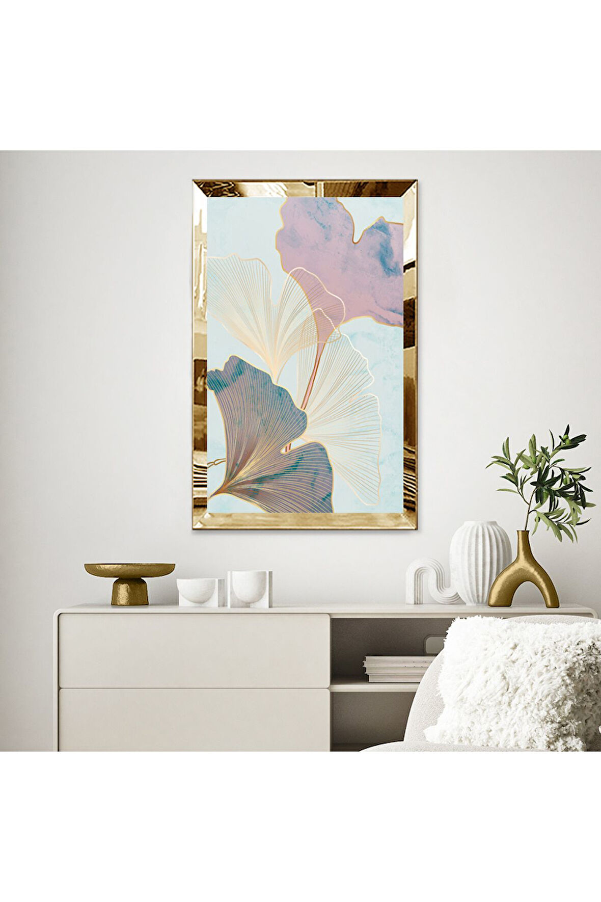 Gümüş Aynalı Pleksi Çerçeveli Pastel Tonlarında Çizgisel Hipnoz Çiçekleri Mdf Tablo