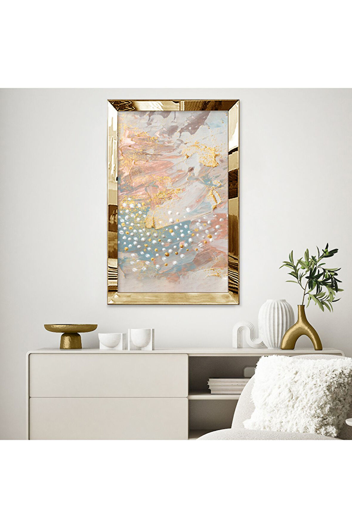 Gümüş Aynalı Pleksi Çerçeveli Yağlı Boya Tarzında Pastel Tonlu Soyut Tasarım Mdf Tablo