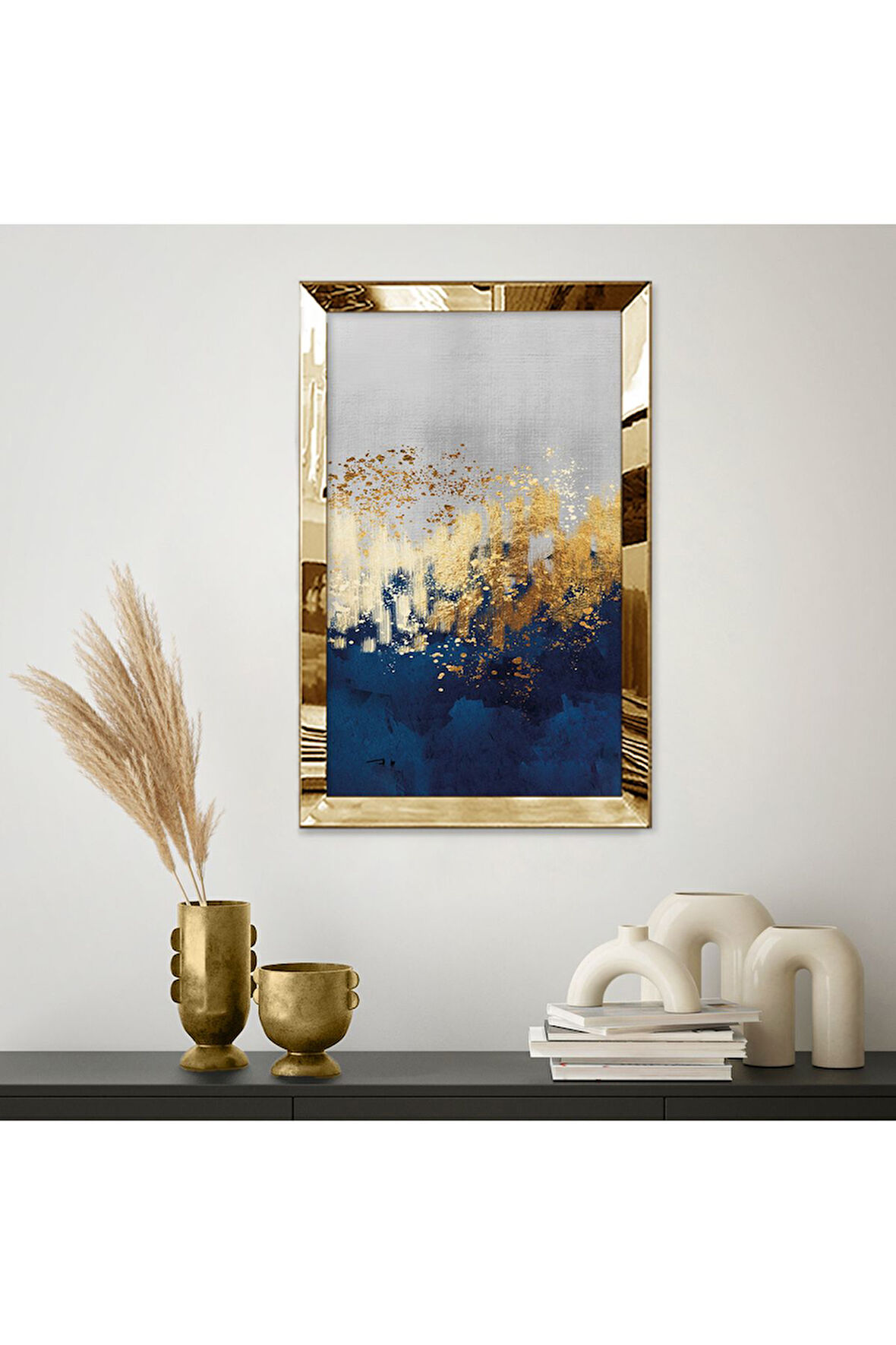 Gold Aynalı Pleksi Çerçeveli Modern Altın Mavi Ve Gri Renkli Fırça Izli Tasarım Mdf Tablo