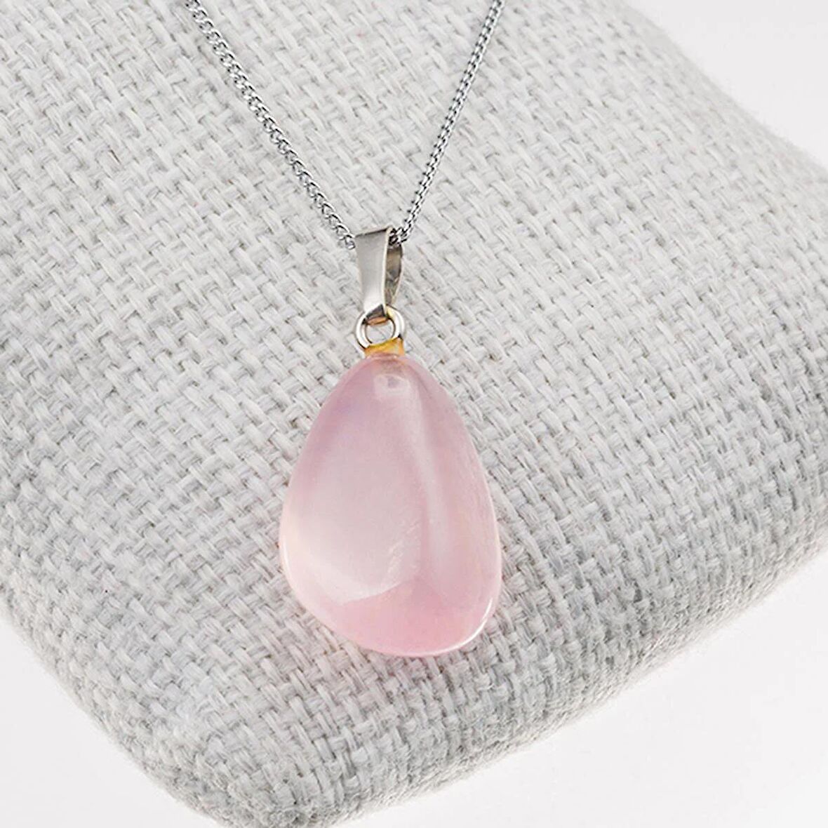 Pembe Kuvars Taşı Kolye-Kararmaz Zincirli