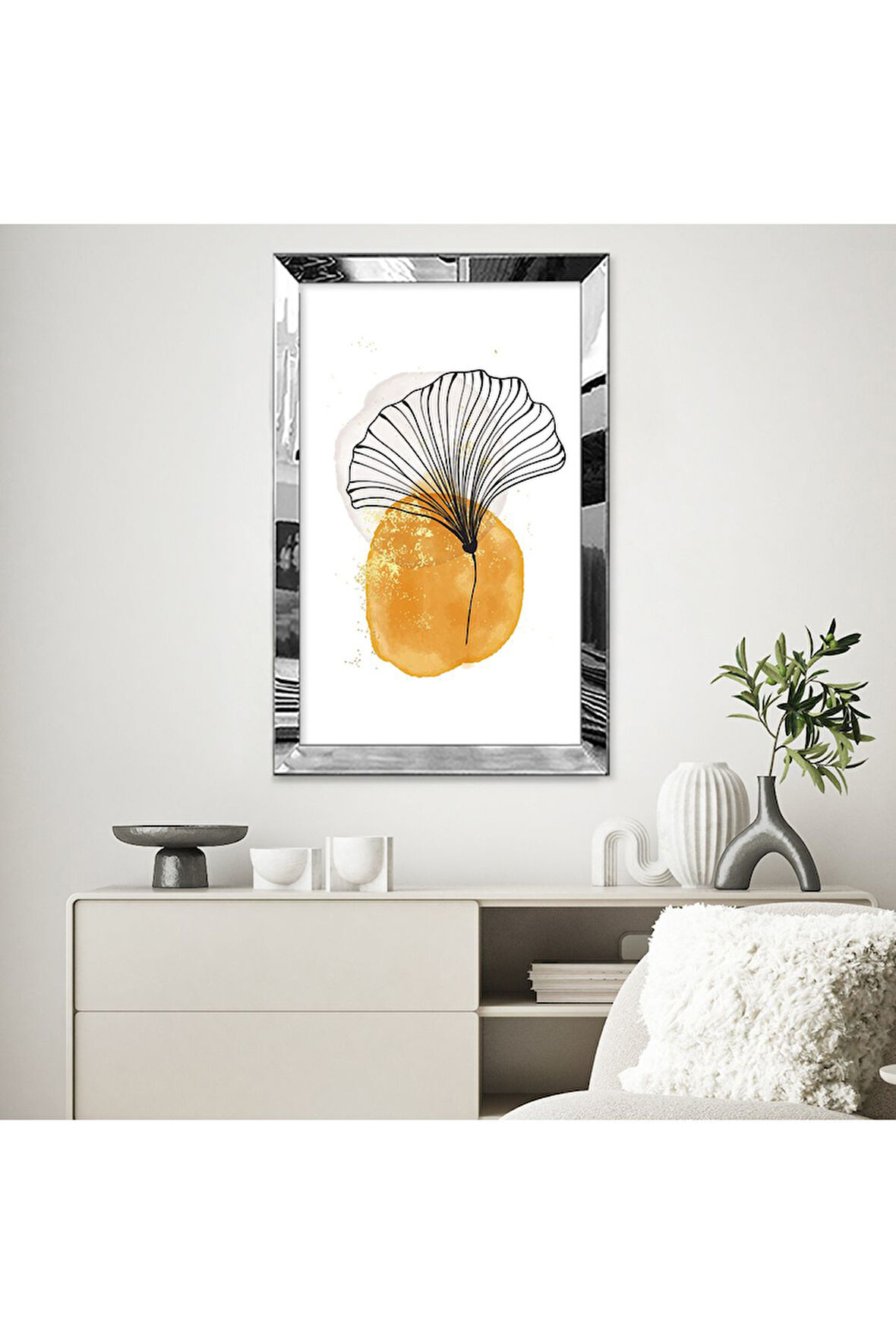 Gold Aynalı Pleksi Çerçeveli Bohem Temalı Çizgi Tarzında Ginkgo Yaprağı Mdf Tablo