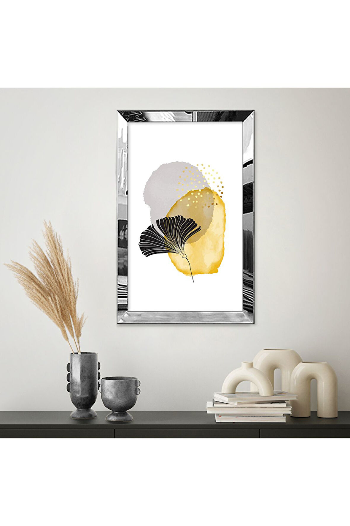 Gümüş  Aynalı Pleksi Çerçeveli Soyut Modern Ginkgo Yaprağı Tablo