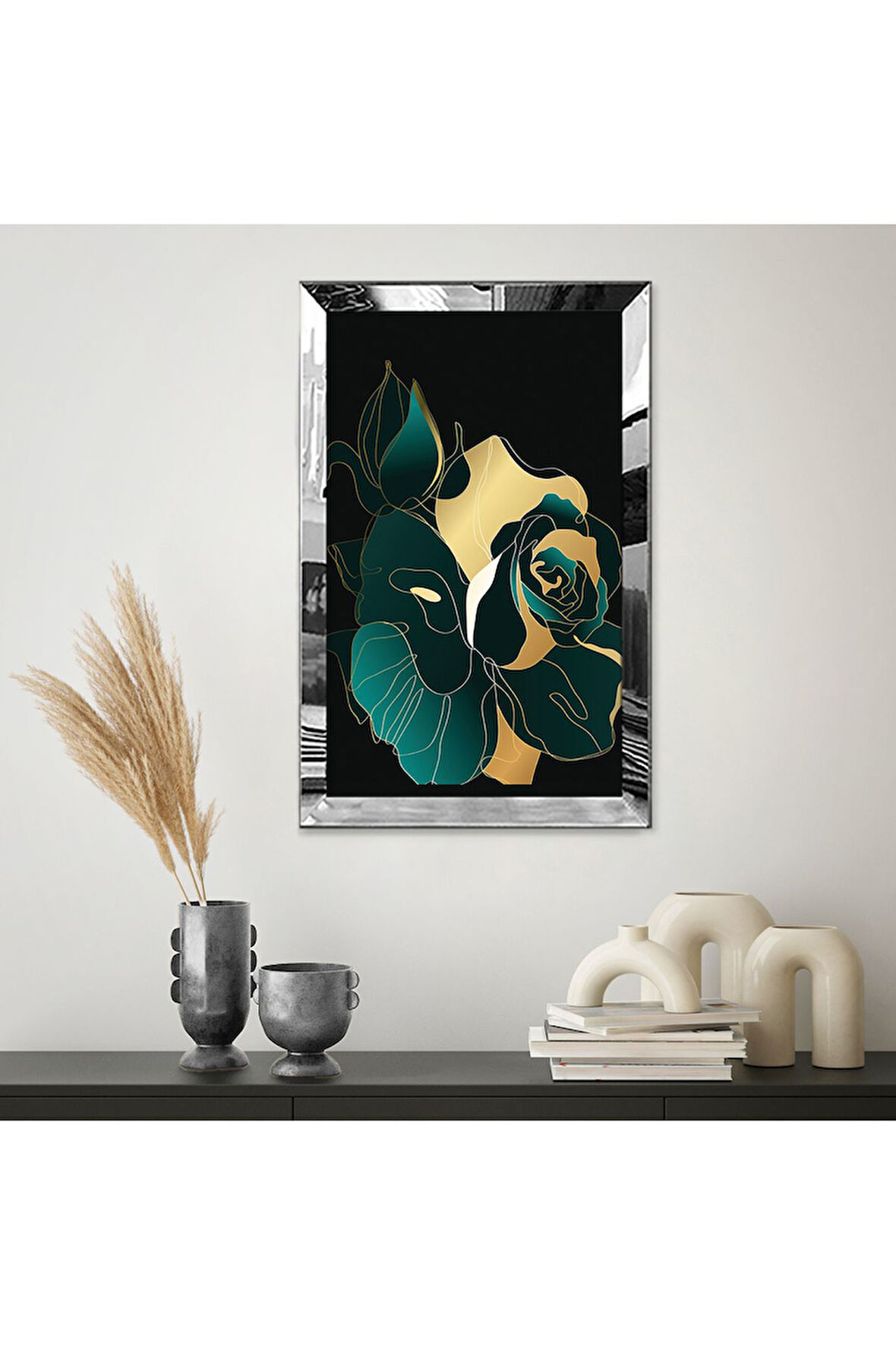 Gümüş Aynalı Pleksi Çerçeveli Dekoratif Modern Gül Mdf Tablo