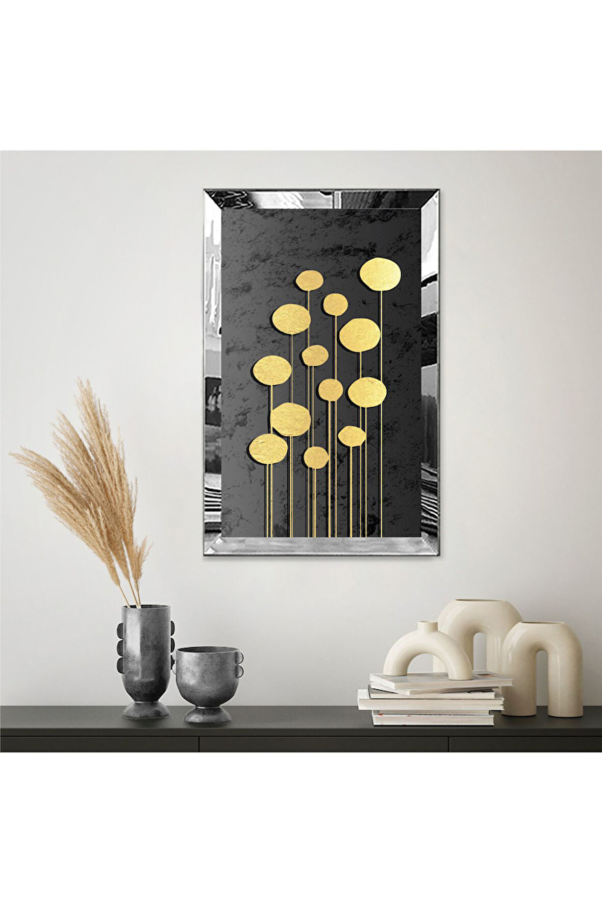 Gümüş Aynalı Pleksi Çerçeveli Modern Altın Renkli Çiçekler Mdf Tablo