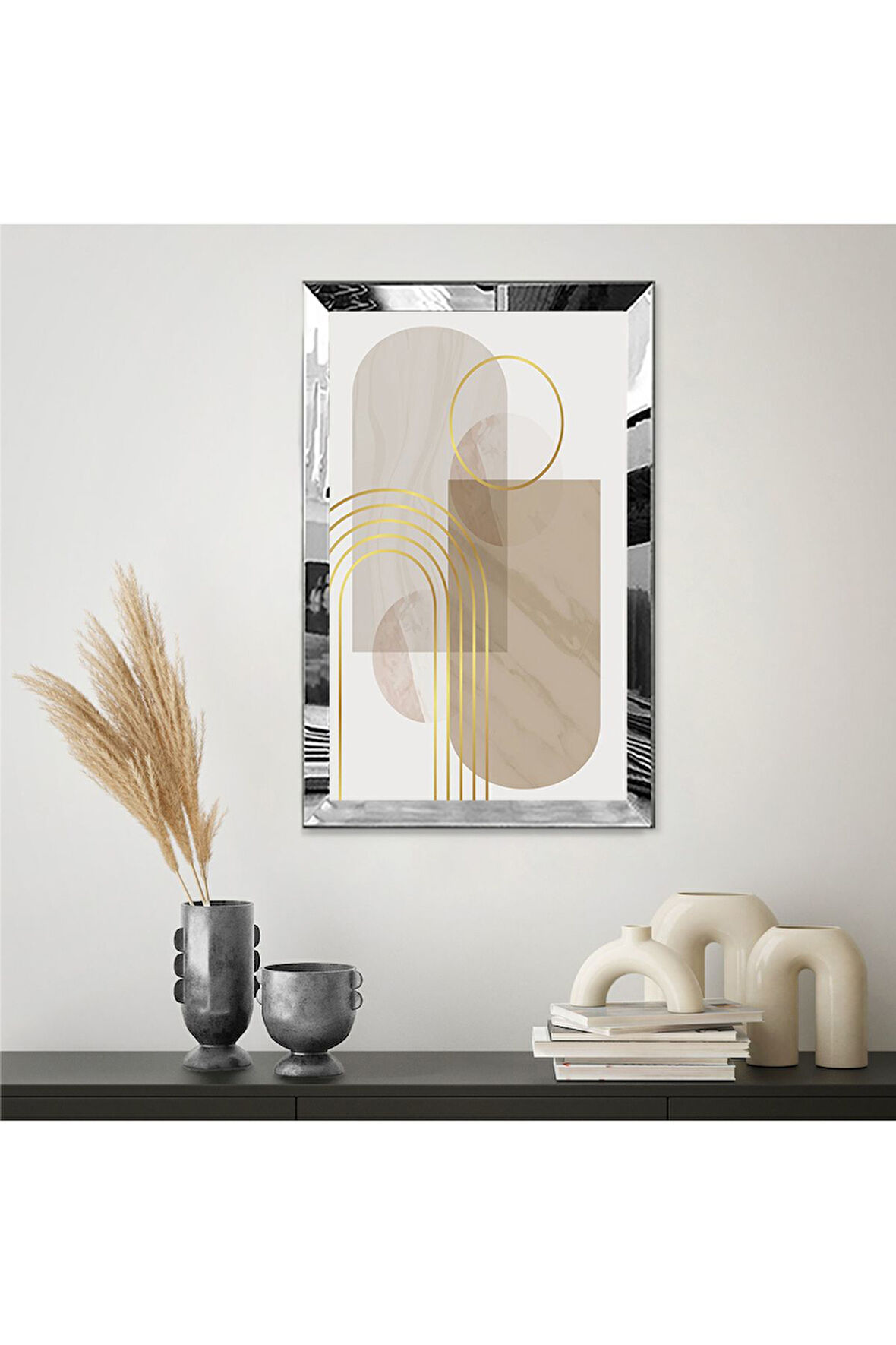 Gümüş Aynalı Pleksi Çerçeveli Bej Renkli Modern Geometrik Tasarım Mdf Tablo