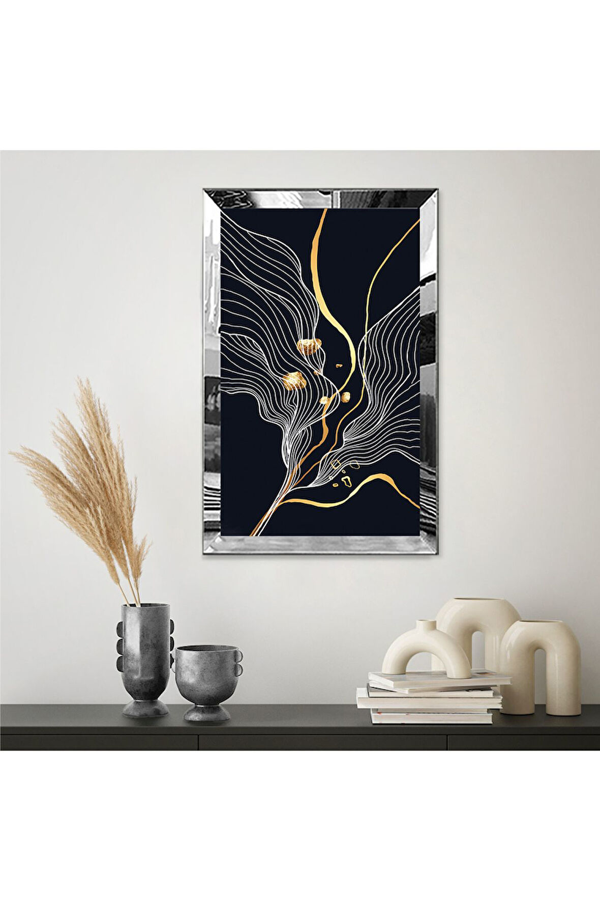 Gümüş  Aynalı Pleksi Çerçeveli Lacivert Ve Altın Renkli Soyut Tasarım Tablo