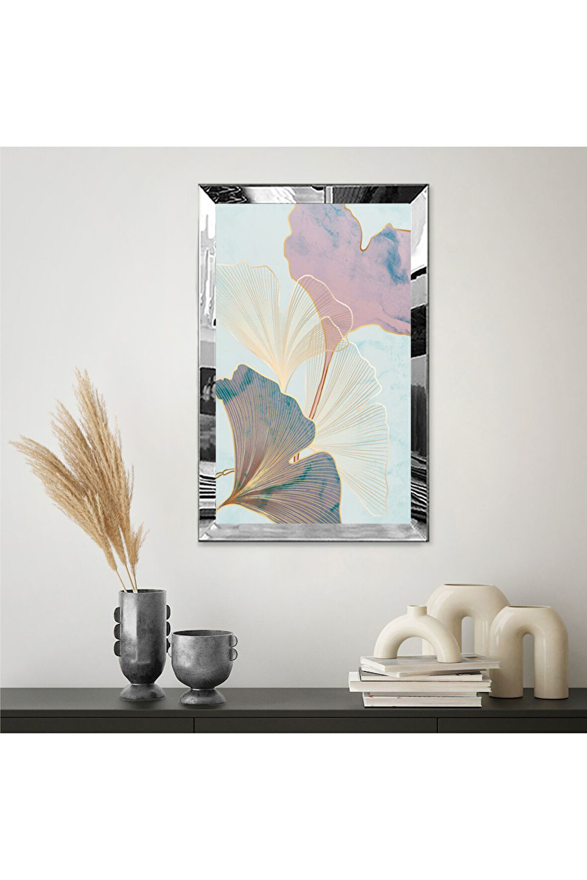 Gümüş Aynalı Pleksi Çerçeveli Pastel Tonlarında Çizgisel Hipnoz Çiçekleri Mdf Tablo