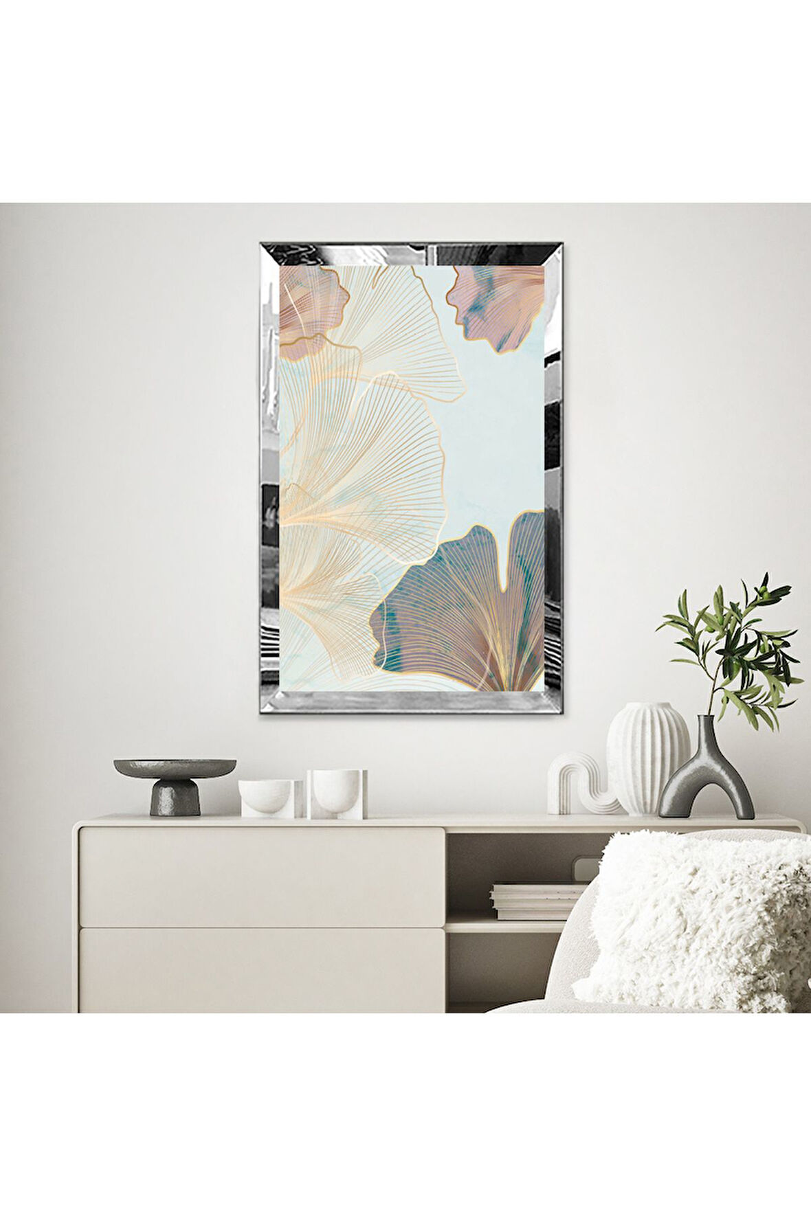 Gold Aynalı Pleksi Çerçeveli Çizgisel Tarzda Pastel Renkli Hipnoz Çiçekleri Mdf Tablo