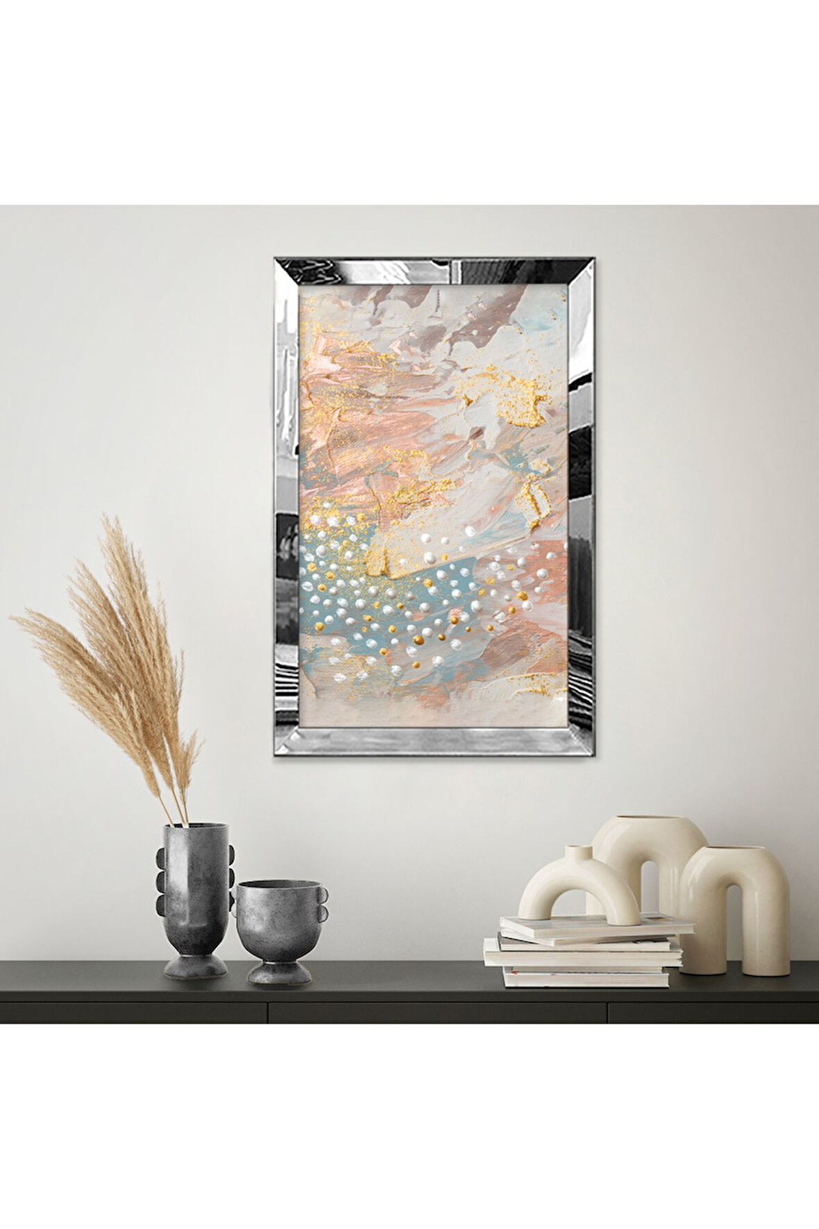 Gümüş Aynalı Pleksi Çerçeveli Yağlı Boya Tarzında Pastel Tonlu Soyut Tasarım Mdf Tablo