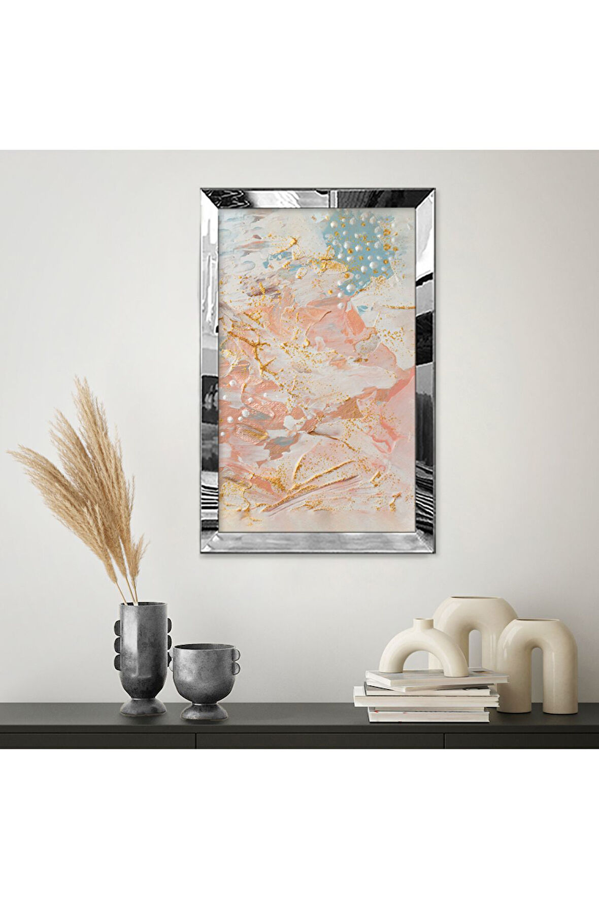 Gümüş Aynalı Pleksi Çerçeveli Incili Pastel Tonlarda Fırça Izli Soyut Tasarım Mdf Tablo
