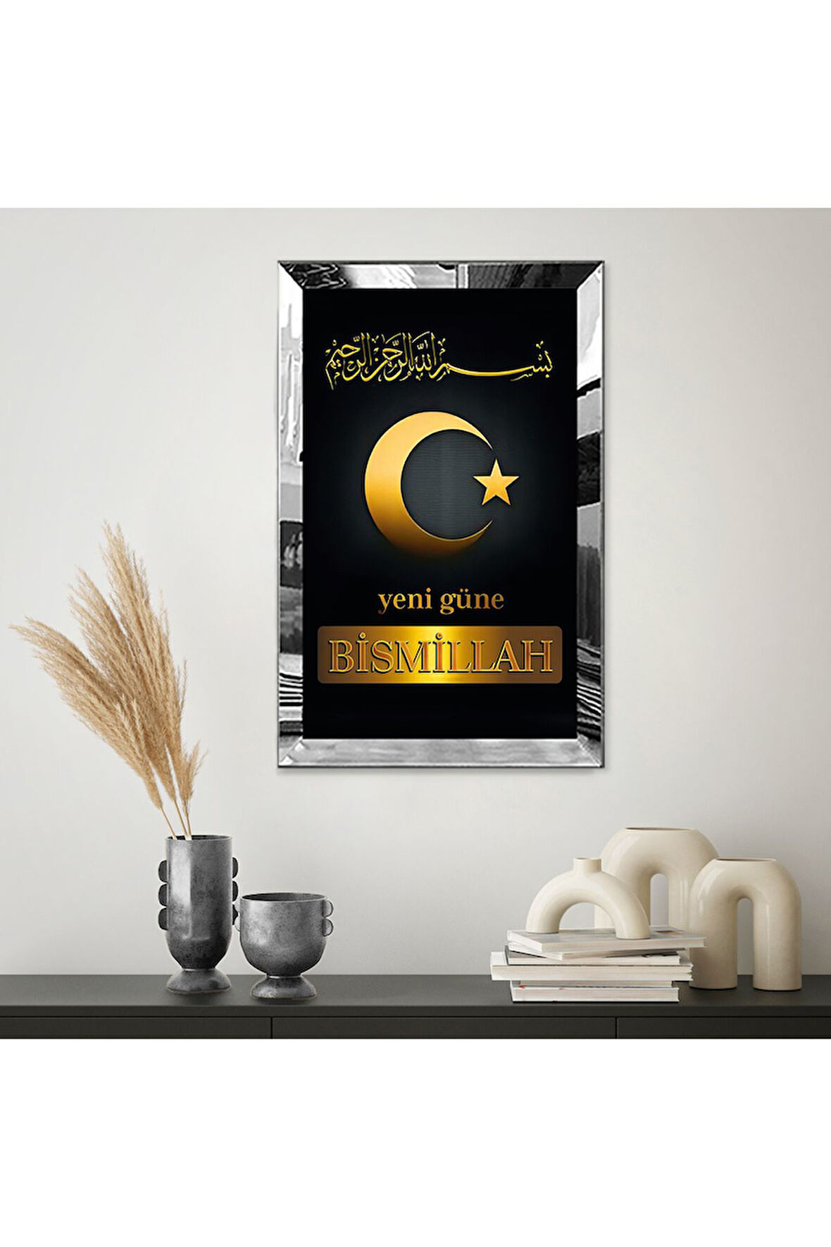 Gümüş  Aynalı Pleksi Çerçeveli Altın Renkli Ay Yıldızlı Tablo