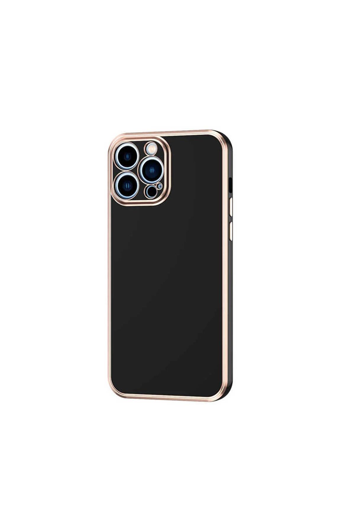 Apple iPhone 12 Pro Max Kılıf Kenarları Gold Kamera Korumalı Renkli Pastel Silikon Siyah