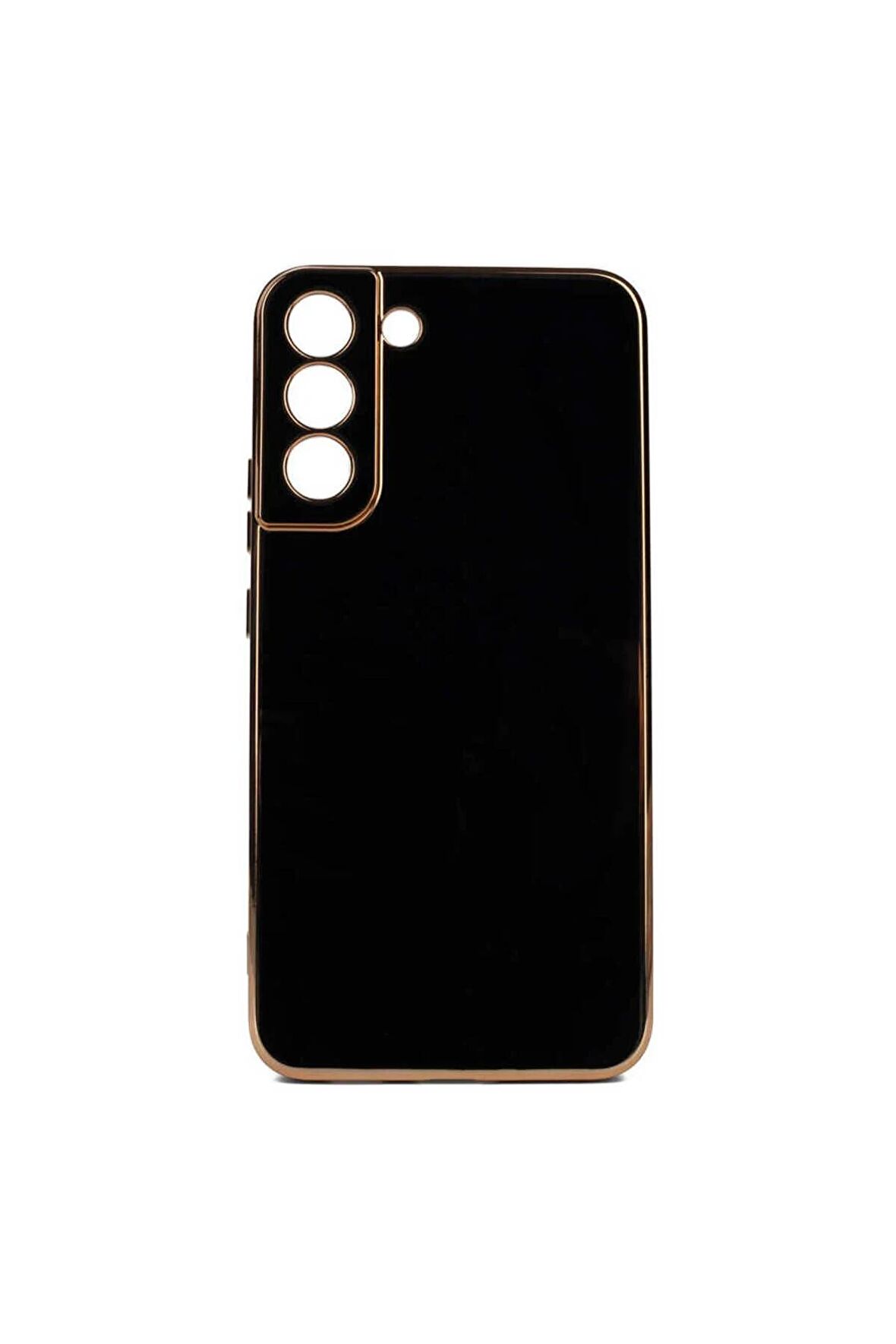 Samsung Galaxy S22 Plus Kılıf Kenarları Gold Kamera Korumalı Renkli Pastel Silikon Siyah