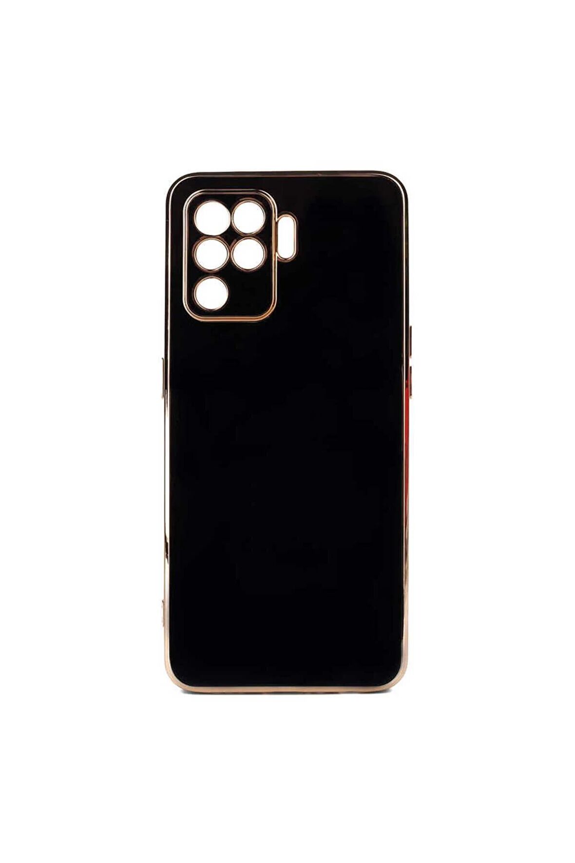 Oppo Reno 5 Lite Kılıf Kenarları Gold Kamera Korumalı Renkli Pastel Silikon Siyah