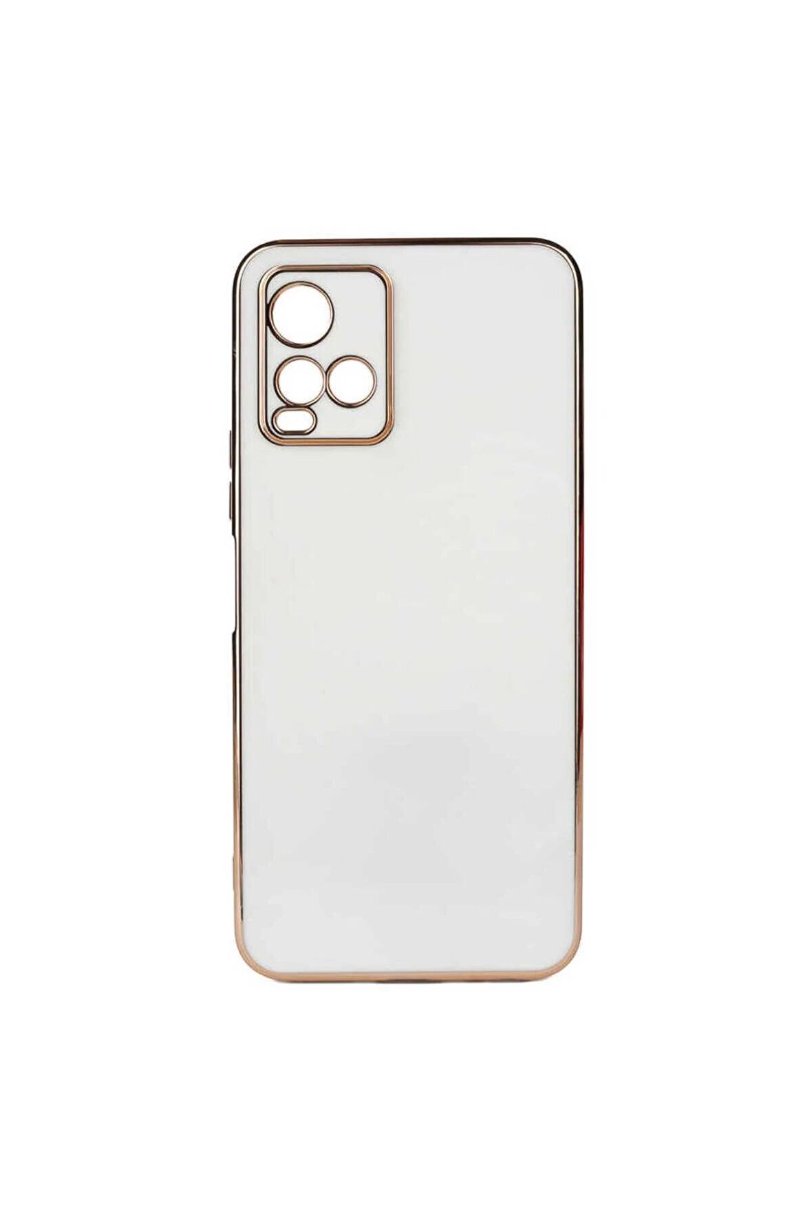 Vivo Y32 Kılıf Kenarları Gold Kamera Korumalı Renkli Pastel Silikon Beyaz