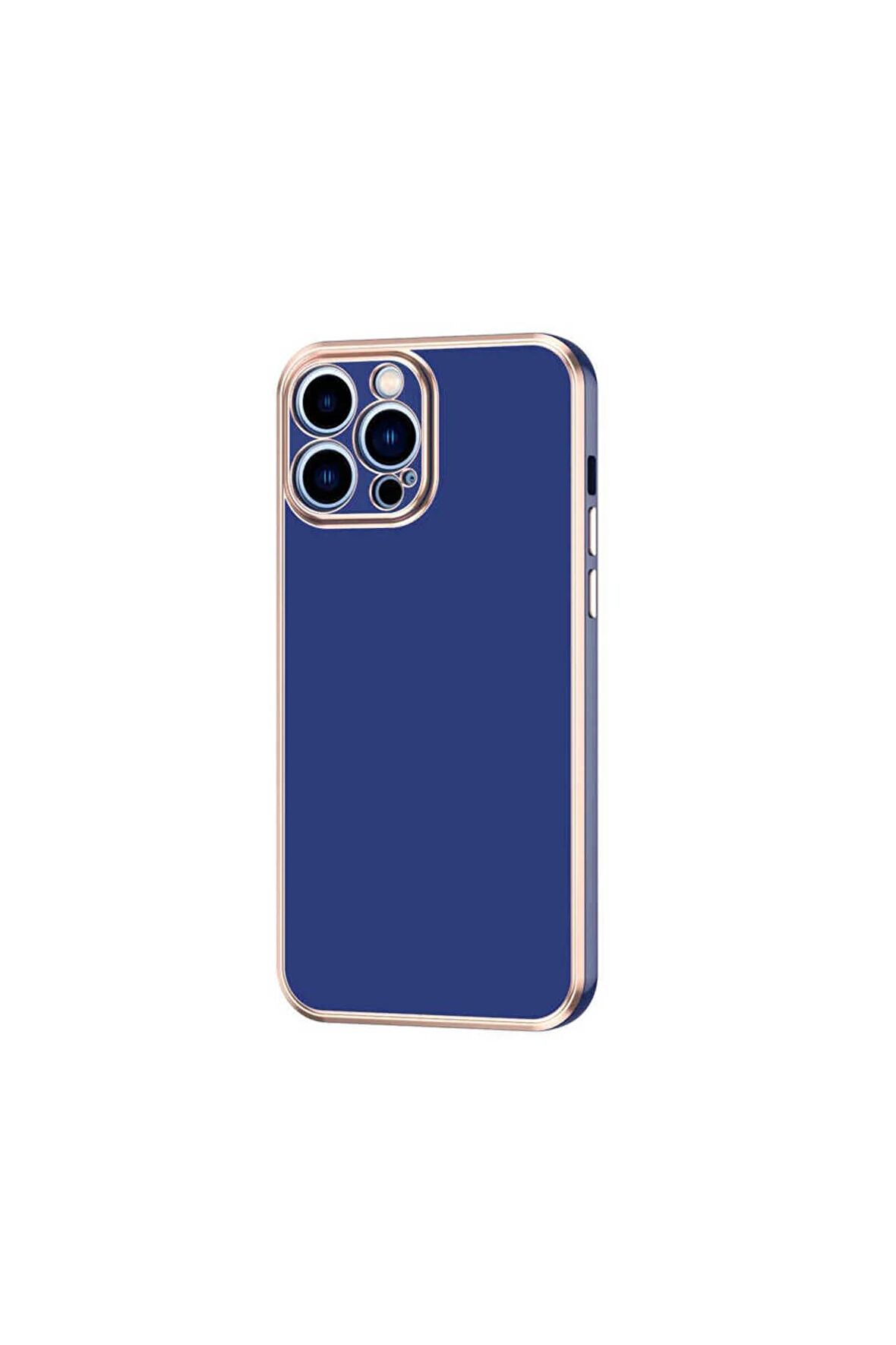 Apple iPhone 12 Pro Max Kılıf Kenarları Gold Kamera Korumalı Renkli Pastel Silikon Lacivert
