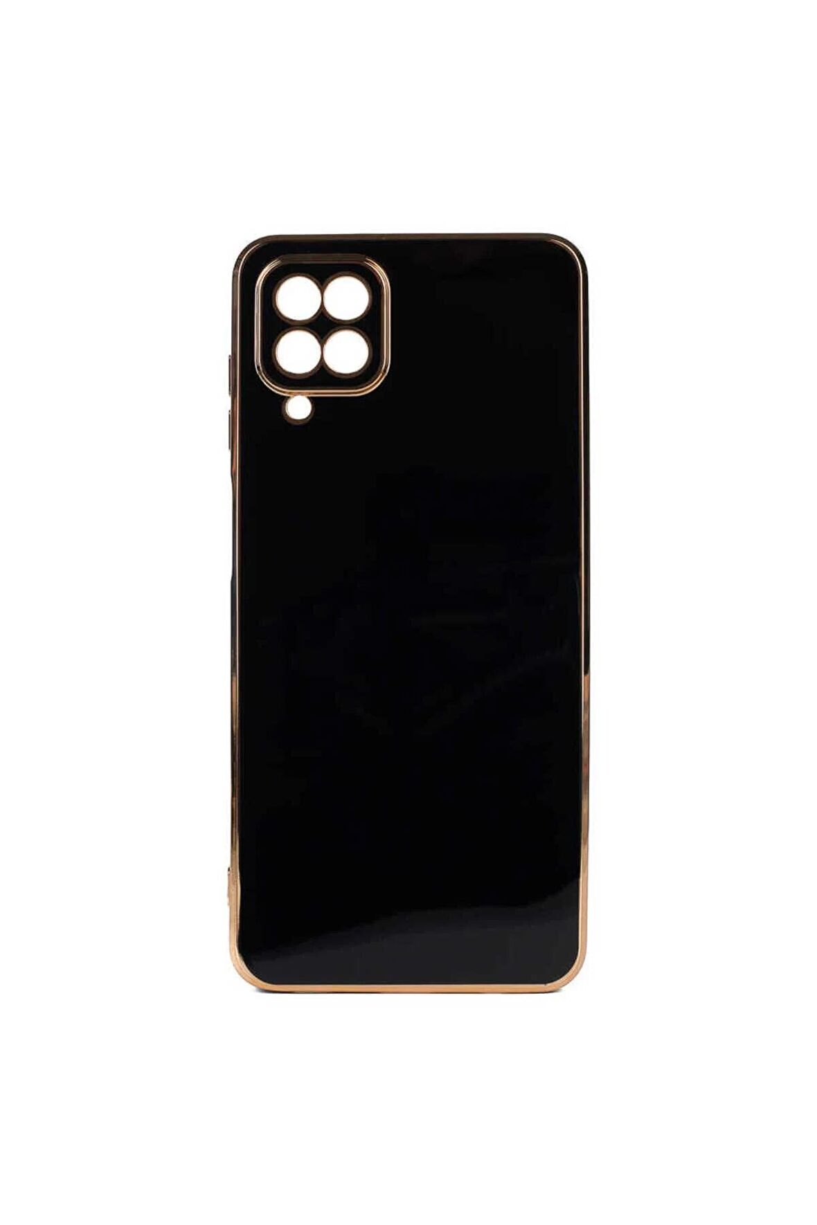 Samsung Galaxy M22 Kılıf Kenarları Gold Kamera Korumalı Renkli Pastel Silikon Siyah