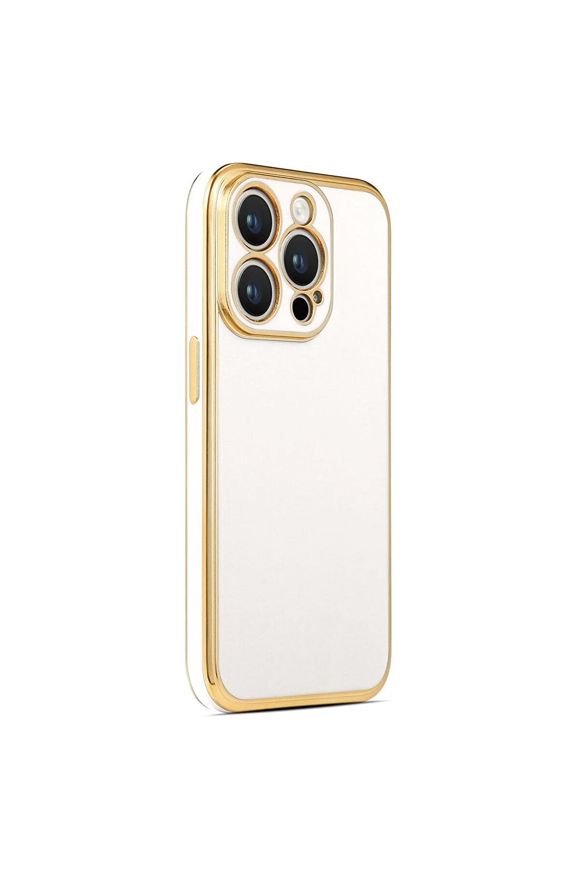 Apple iPhone 14 Pro Max Kılıf Kenarları Gold Kamera Korumalı Renkli Pastel Silikon Beyaz