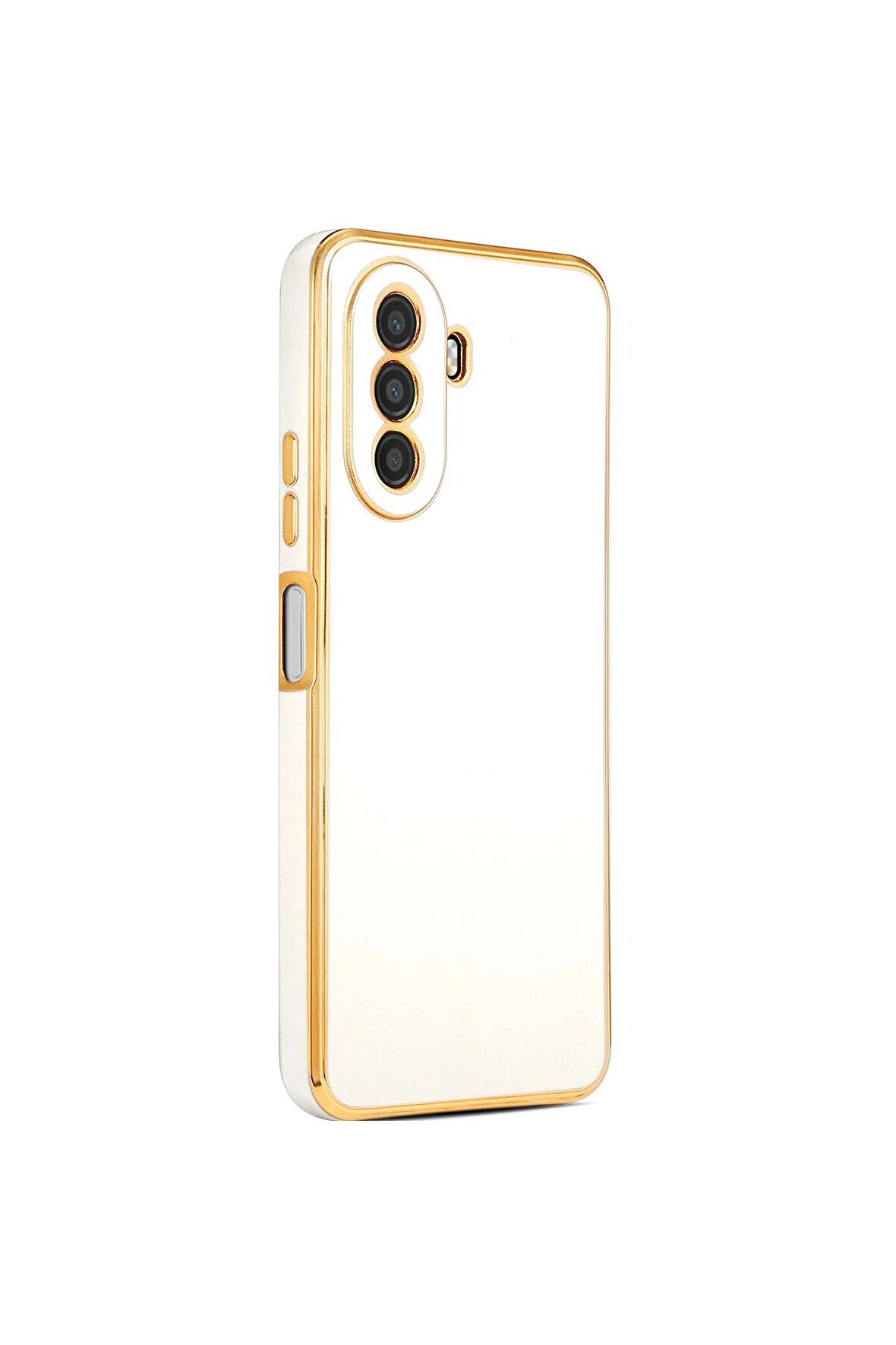 Huawei Nova Y70 Kılıf Kenarları Gold Kamera Korumalı Renkli Pastel Silikon Beyaz