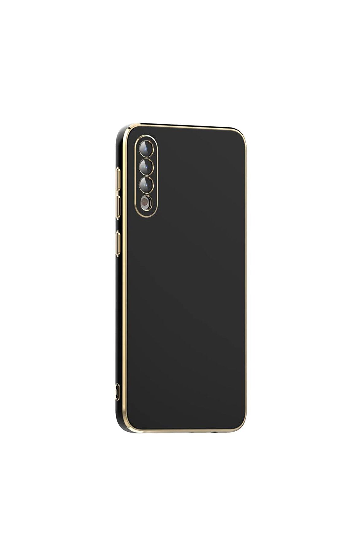 Samsung Galaxy A50 Kılıf Kenarları Gold Kamera Korumalı Renkli Pastel Silikon Siyah