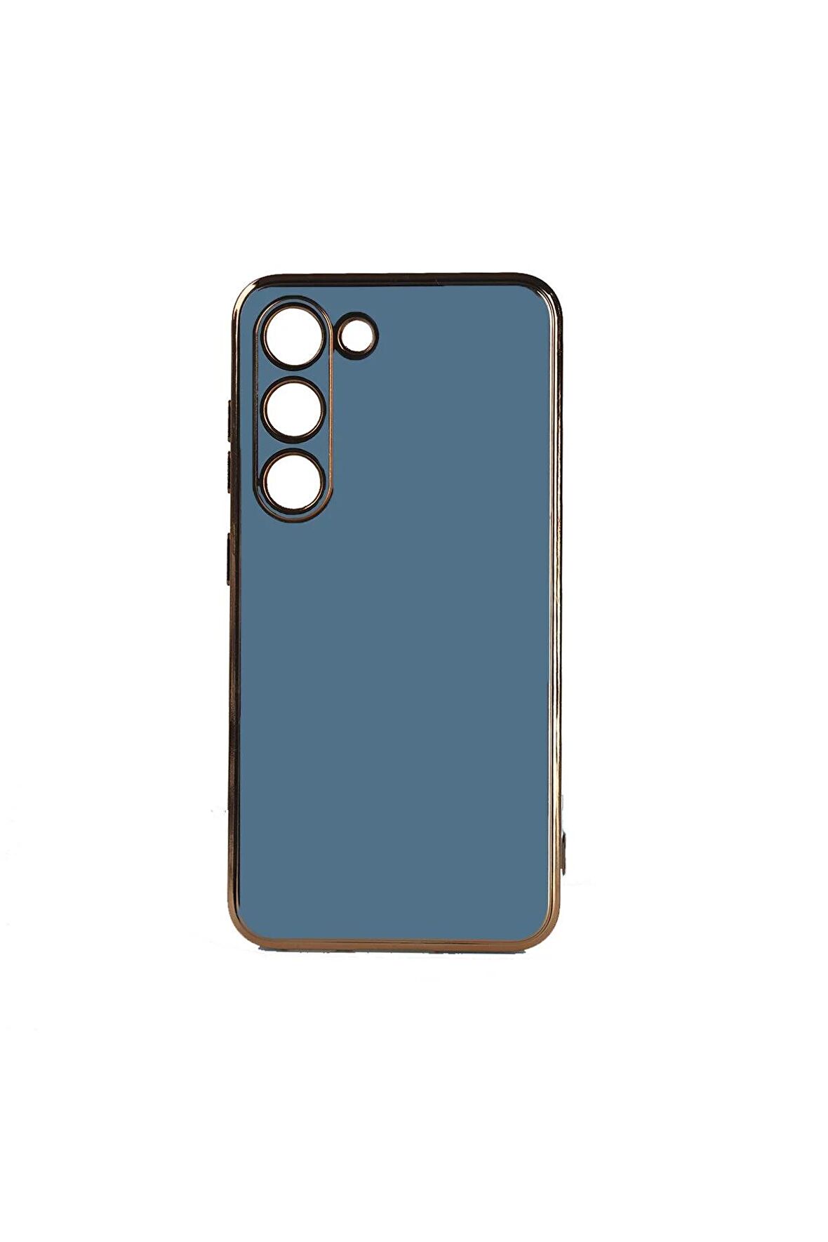 Samsung Galaxy S23 Kılıf Kenarları Gold Kamera Korumalı Renkli Pastel Silikon Mavi