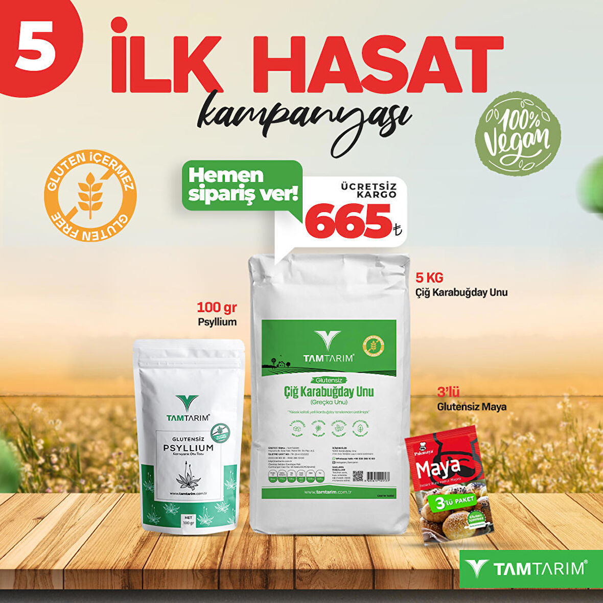 (Glutensiz) Çiğ Karabuğday Unu 5 Kg – Psyllium 100 Gr – Kuru Maya (3×10 Gr)