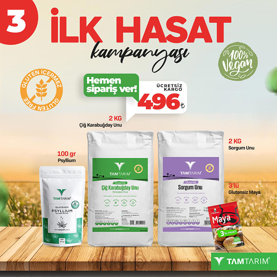 (Glutensiz) Çiğ Karabuğday Unu 2 Kg – Sorgum Unu 2 Kg – Psyllium 100 Gr – Kuru Maya