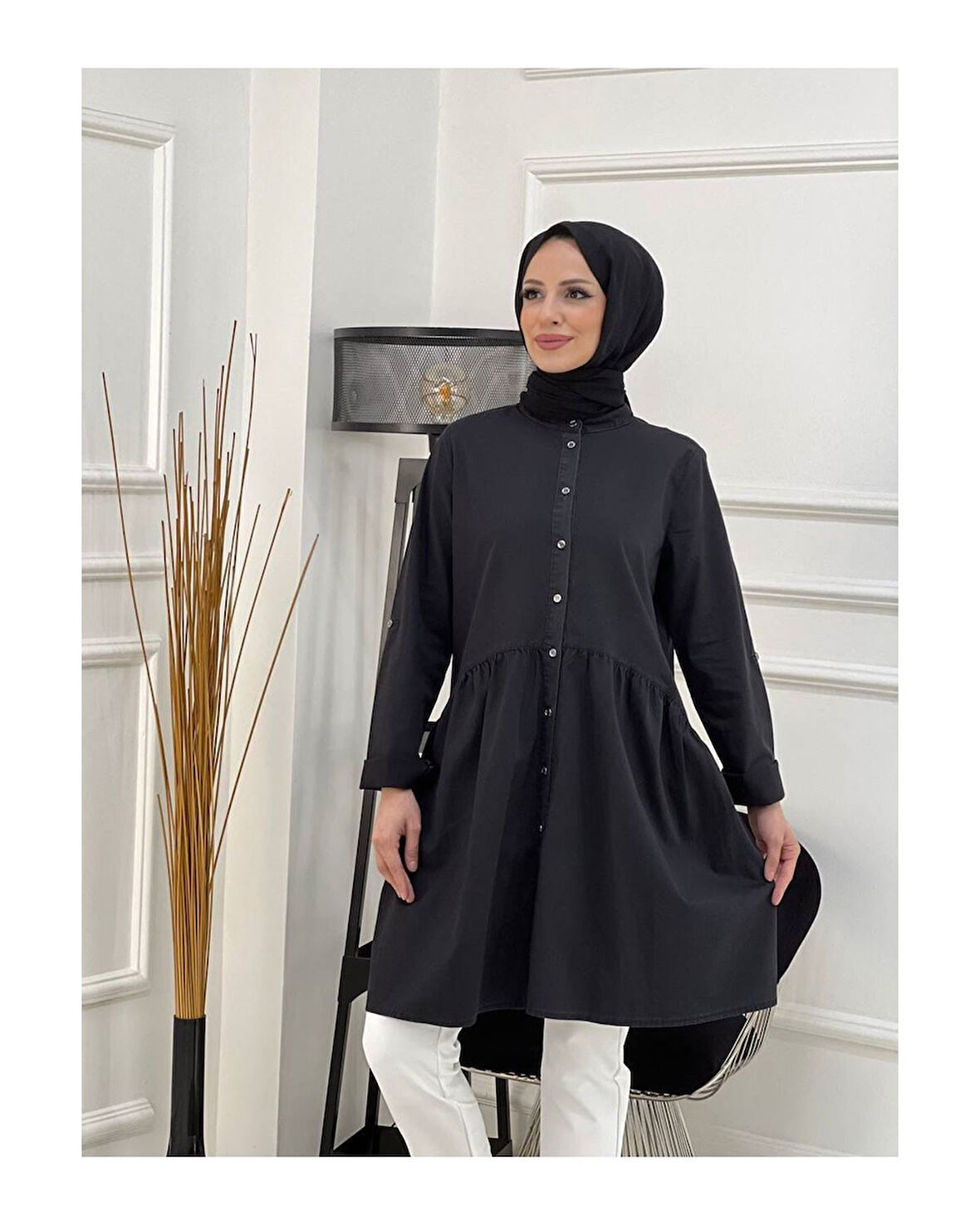 Doğal Kumaşlı Düğmeli Tunik- Koyu Mavi Siyah-295