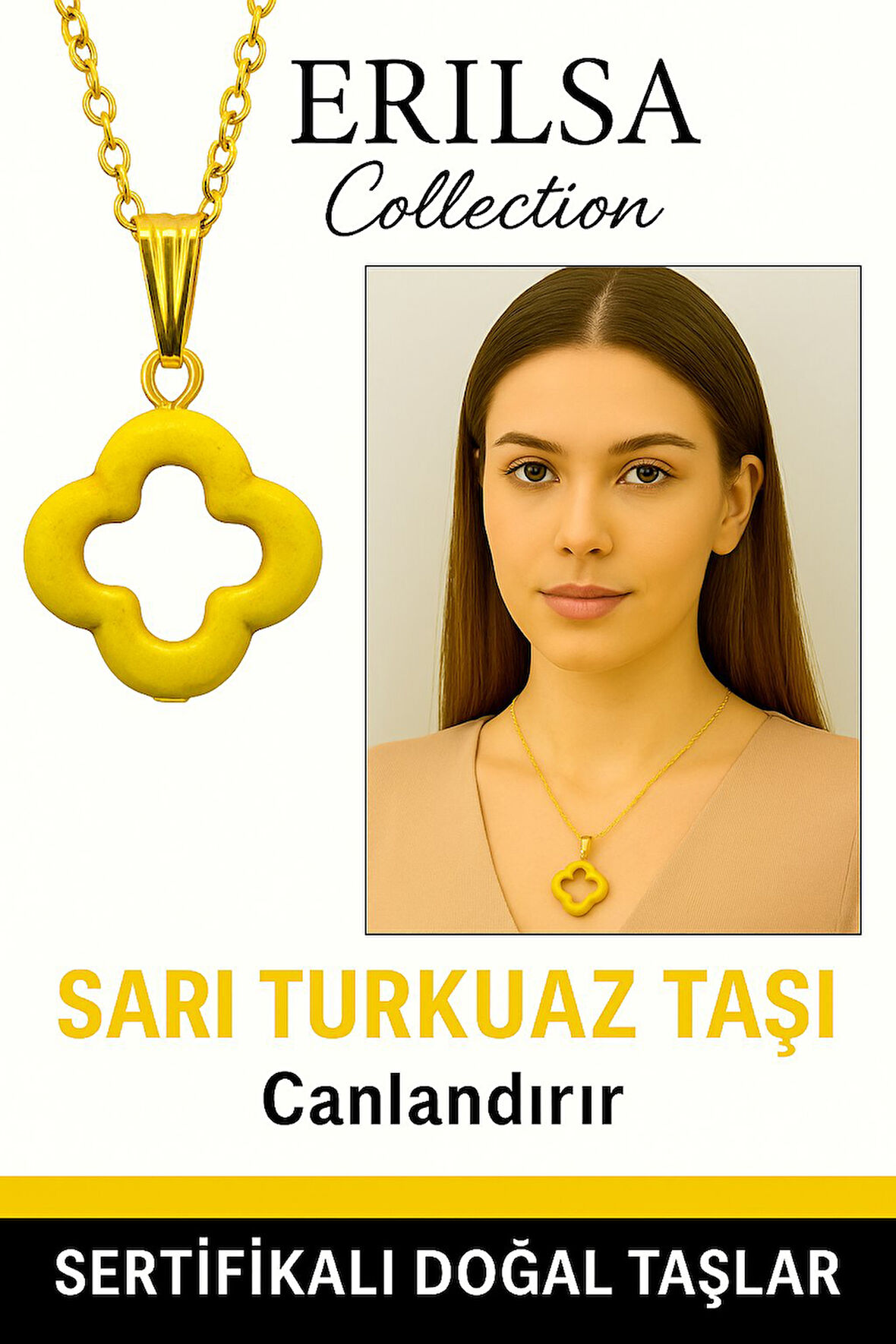 Sertifikalı Gold Yonca Model Sarı Turkuaz Taşı Kolye Neşe Verir