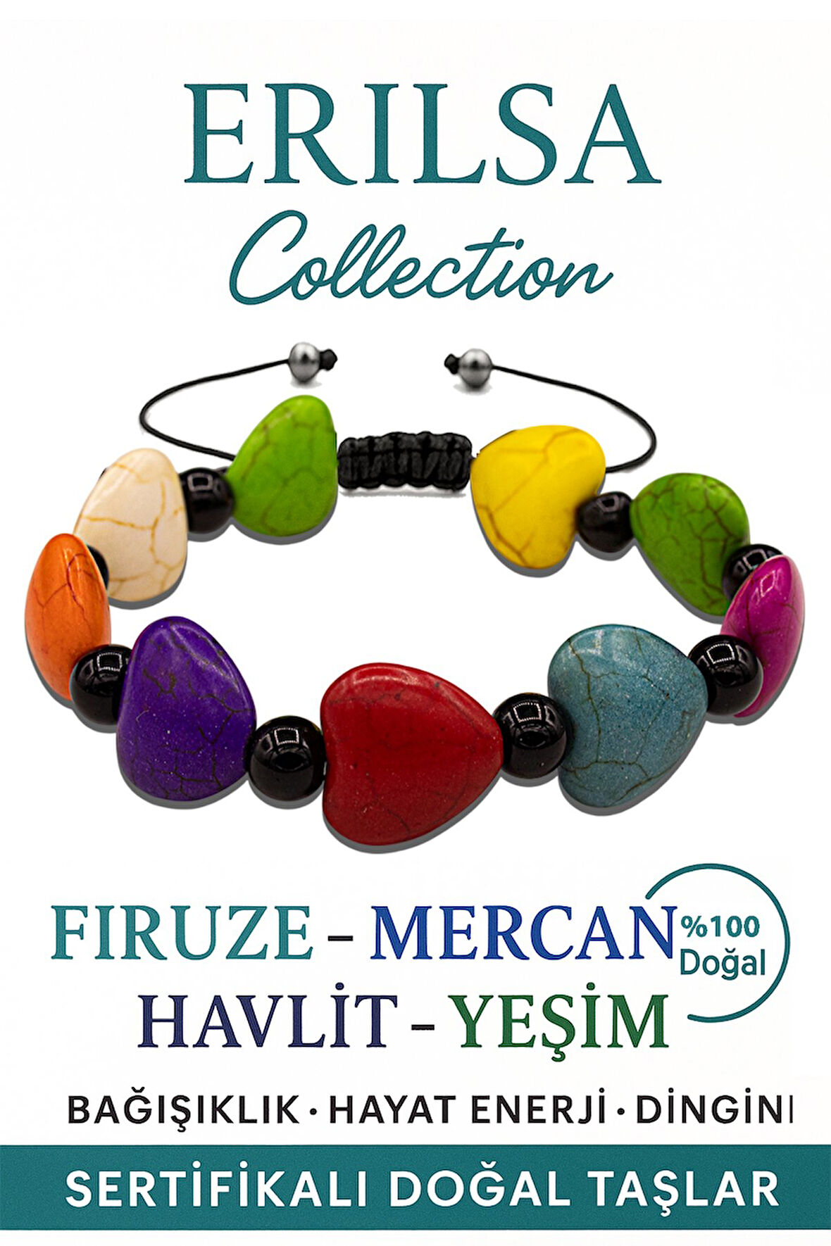 Sertifikalı Kalp Model Kırmızı Mercan Firuze Yeşim Çeroit Bileklik – Enerji Dengeleyici