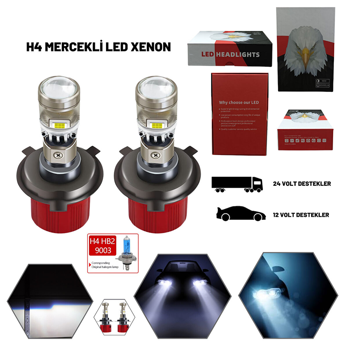 Ford Connect 2003 H4 Mercekli Led Xenon Ufuk Çizgili Şimşek Etkili Beyaz