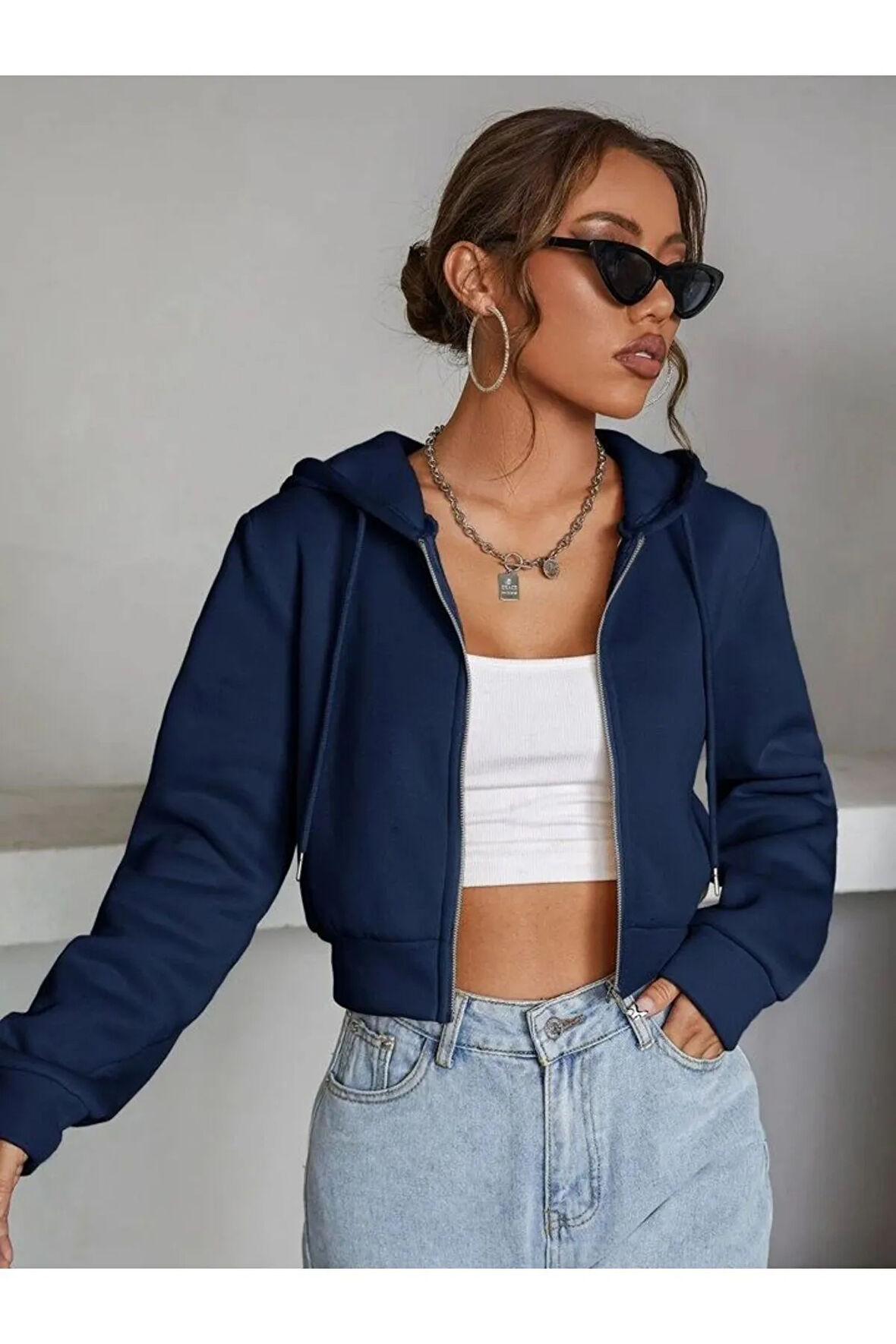 Kadın Lacivert Fitted Crop Kapşonlu Zip Fermuarlı Polar Hırka Sweatshirt