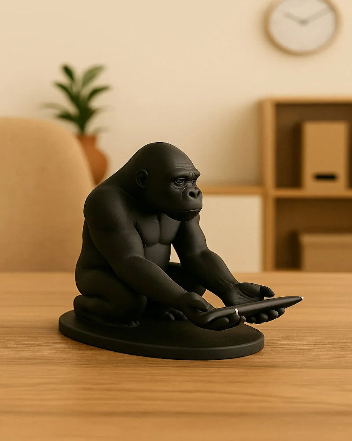 3D Siyah Goril Figürlü Dekoratif Telefon , Tablet Standı , Kalem Tutucu Heykel , Masaüstü Organizer