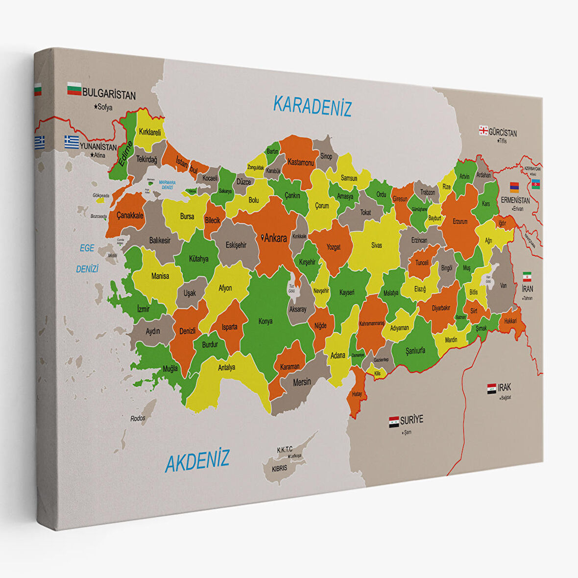 Türkiye Haritası Kanvas Tablo Sınır Komşulu Eğitici Dekoratif Tablo 3083