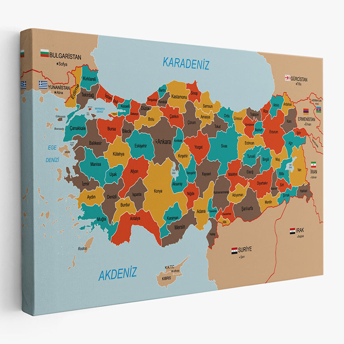 Türkiye Haritası Kanvas Tablo Sınır Komşulu Eğitici Dekoratif Tablo 3094