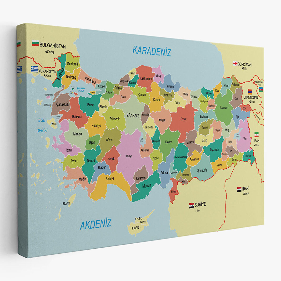 Türkiye Haritası Kanvas Tablo Sınır Komşulu Eğitici Dekoratif Tablo 3096
