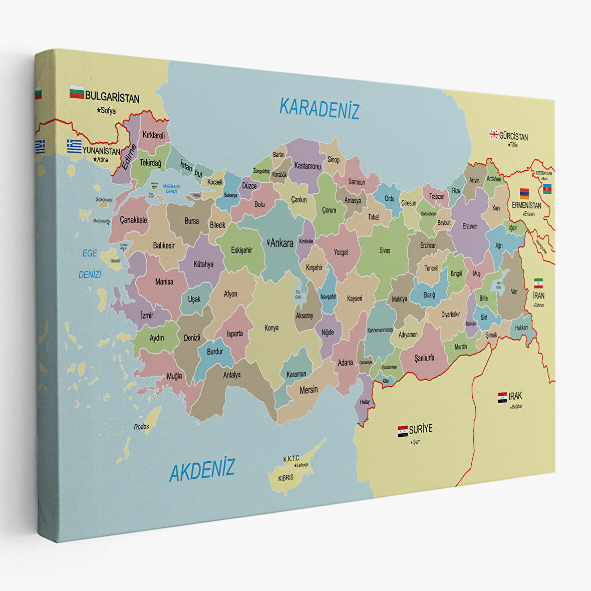Türkiye Haritası Kanvas Tablo Sınır Komşulu Eğitici Dekoratif Tablo 3100