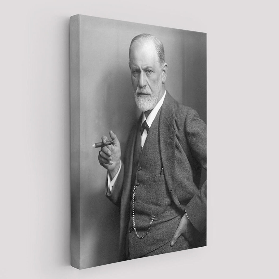 Sigmund Freud Elinde Puro ile Siyah Beyaz Fotoğrafı Kanvas Tablo-5238
