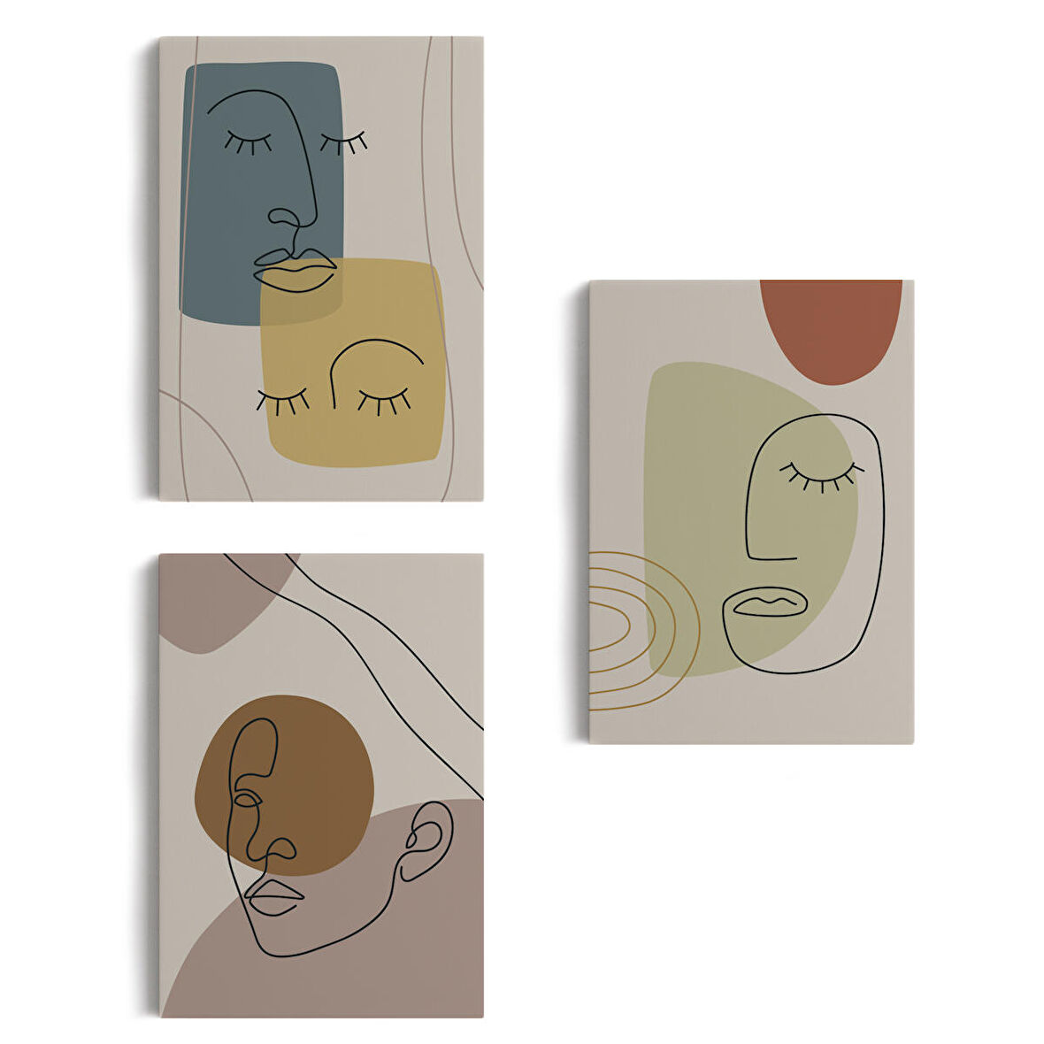 3’lü Tablo Minimal Şekiller ve Çizgi Sanat Yüzleri Soyut Sanat Tablo Seti-AP-16