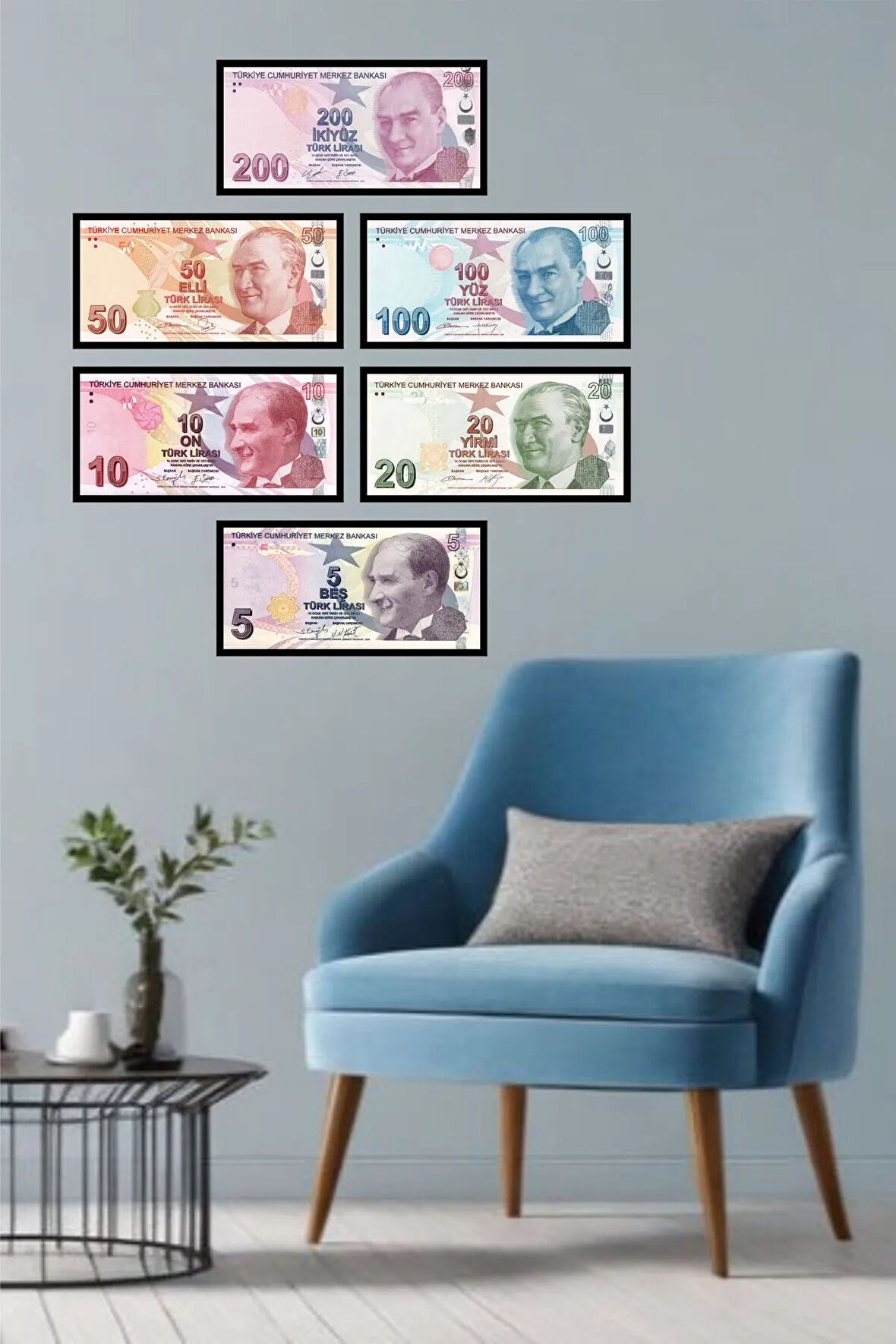 6 Parça (10x20) Çerçeve Görünümlü Mdf Türk Lirası Resimleri Seti - Paraset 1