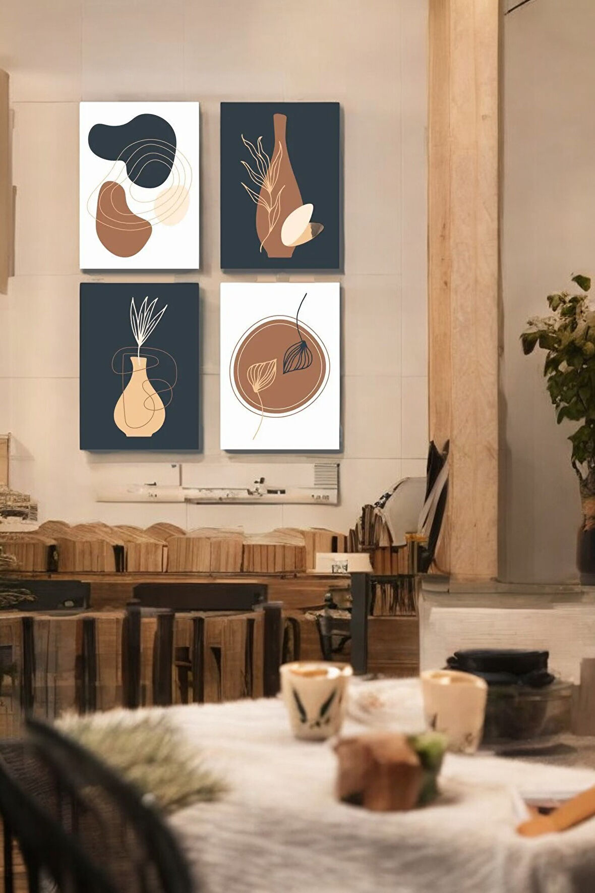 4 Parça Oturma Odası, Salon, Çalışma Odası, Ofis, Kahve Ton Vazolar Tablo Seti - Set-73-1