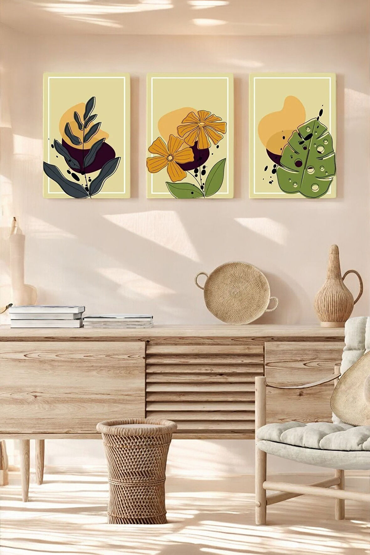 3 Parça Büyük Boy Oturma Odası, Salon, Ofis Için Yapraklı Çiçek Boho Tablo Seti - Set-486