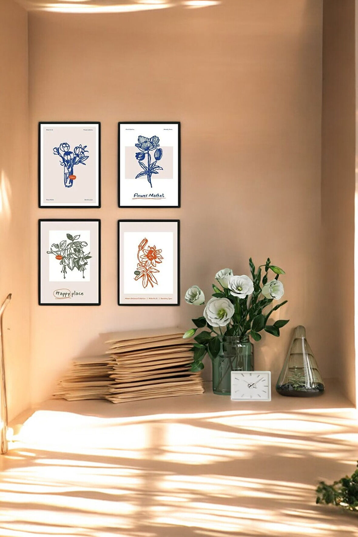 4 Parça (15x20) Uv Baskı Mdf Mavi Çiçek Boho Tablo Poster Seti - Set-459
