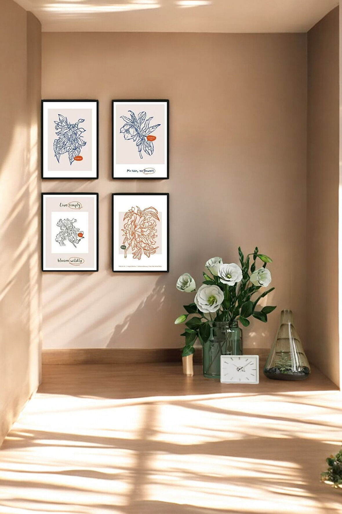 4 Parça (15x20) Uv Baskı Mdf Mavi Lila Kahve Çiçek Boho Tablo Poster Seti - Set-455