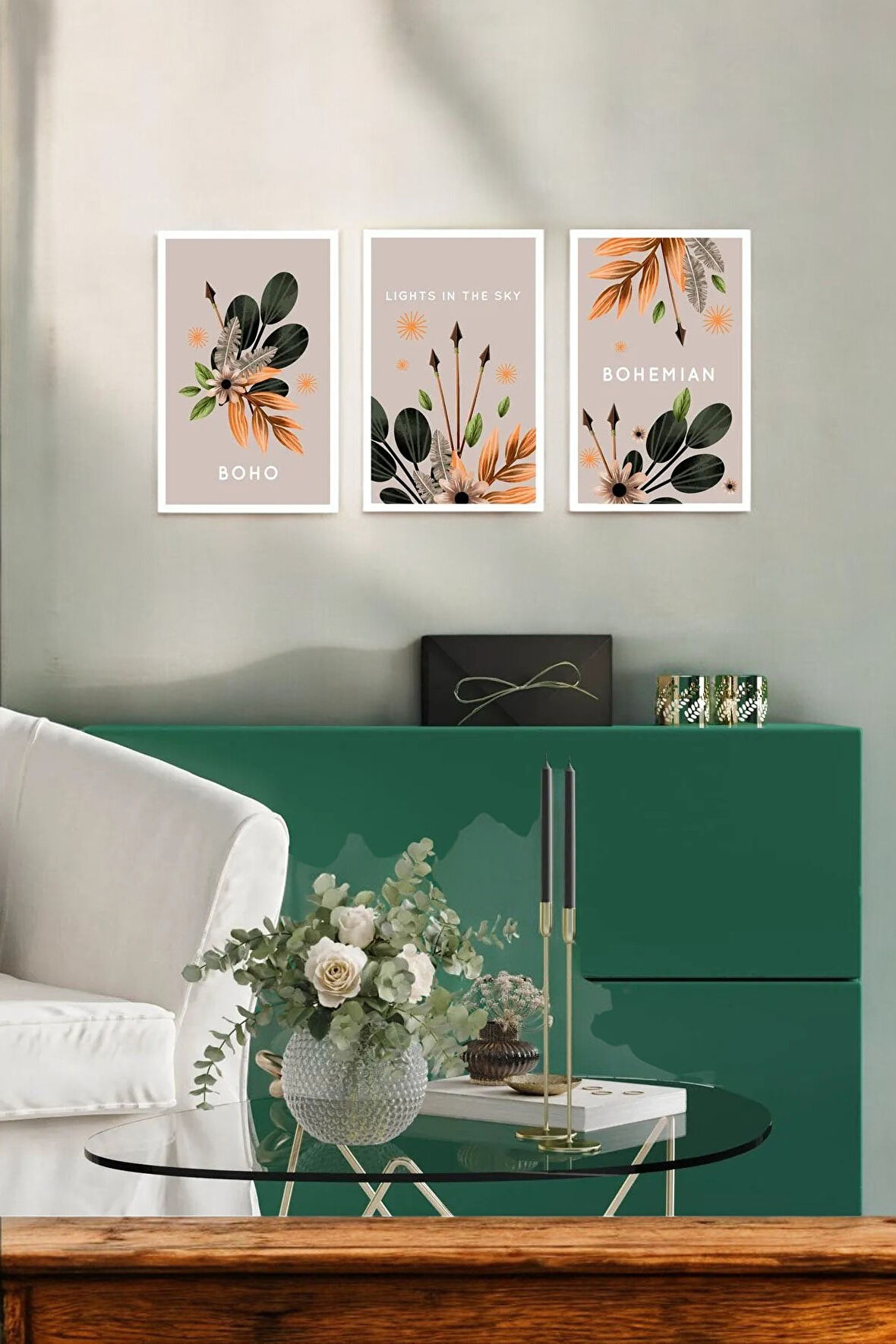 3 Parça (20x30) A4 Ebat Uv Baskı Mdf Modern Tarz Lila Boho Tablo Poster Seti - Set-448