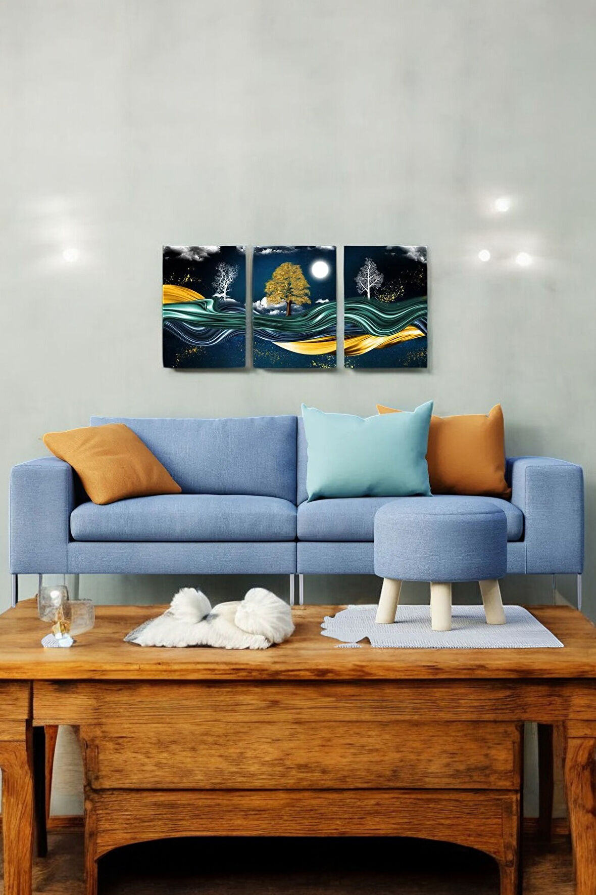 3 Parça (25x40) Büyük Boy Uv Baskı Mdf Dolunay Gecenin Dalgaları Tablo Poster Seti - Set-438