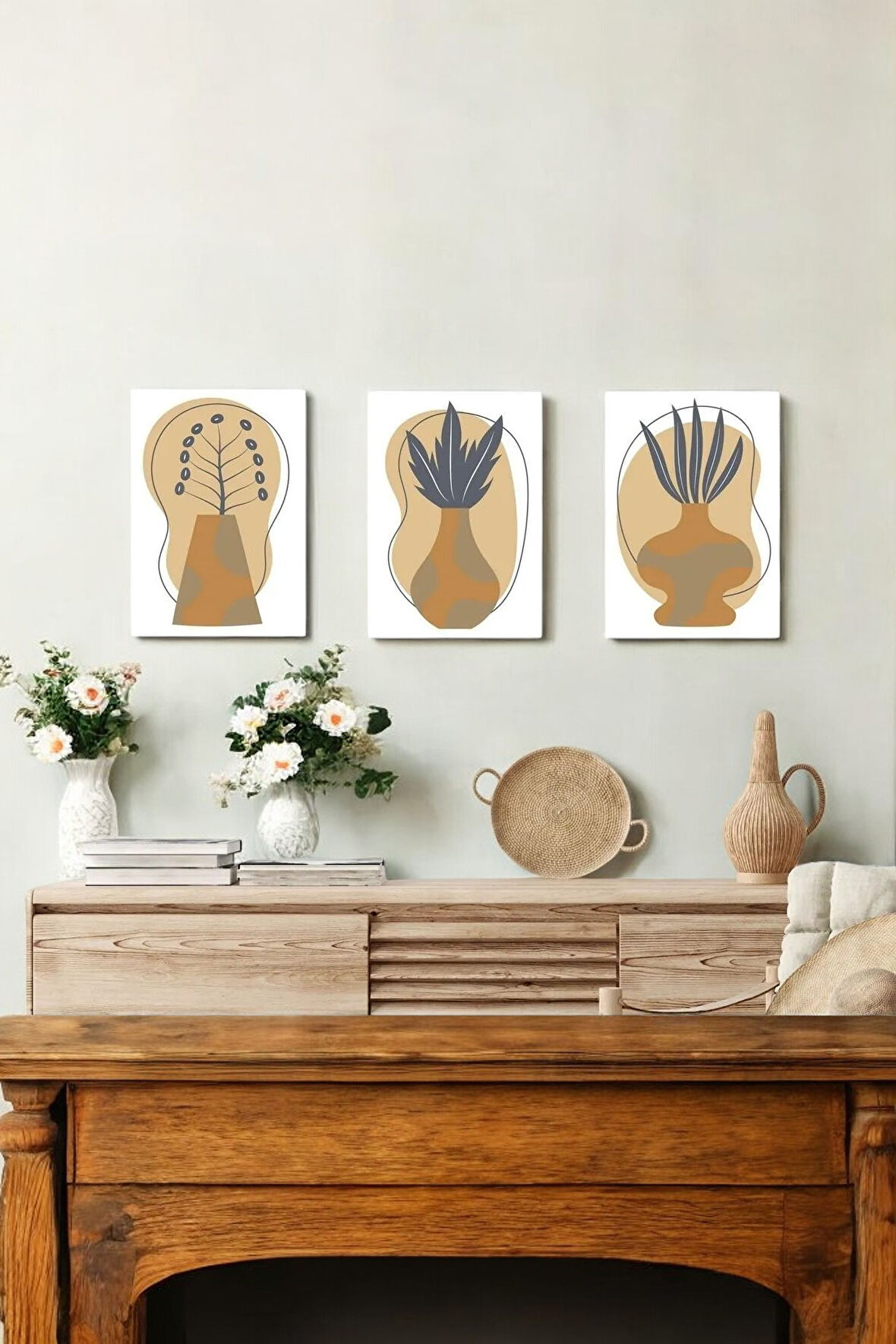 3 Parça (25x40) Büyük Boy Uv Baskı Mdf Şekilli Vazo Tablo Poster Seti - Set-422